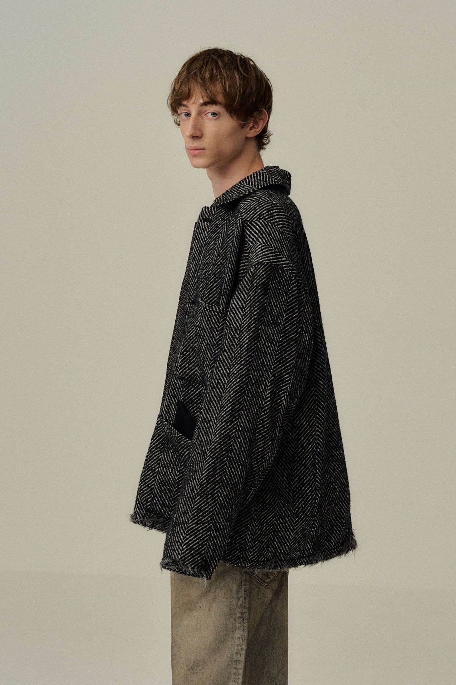 DAMAGE WOOL HERRINGBONE COVER ALL | WHITE×BLACK | カバーオール