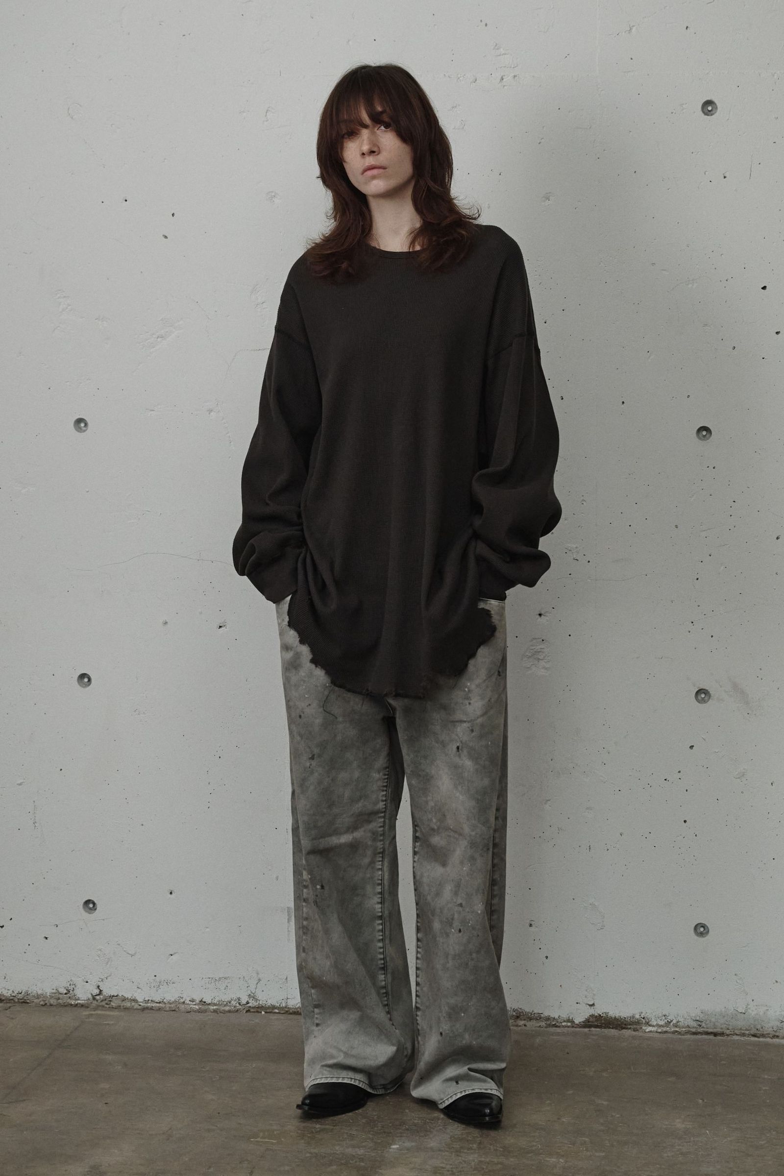 DAMAGE WAFFLE CREW LS | D.BROWN | カットソー