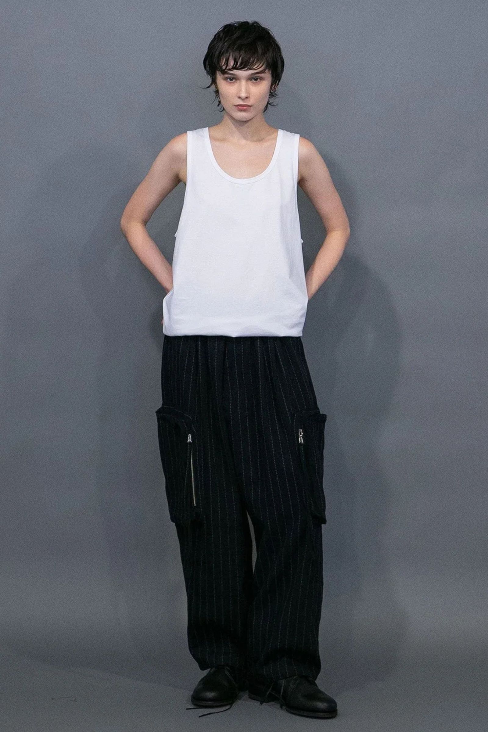 DOBBYSTRIPE / HERRINGBONE WIDE CARGO PANTS | BLACK | ワイドパンツ