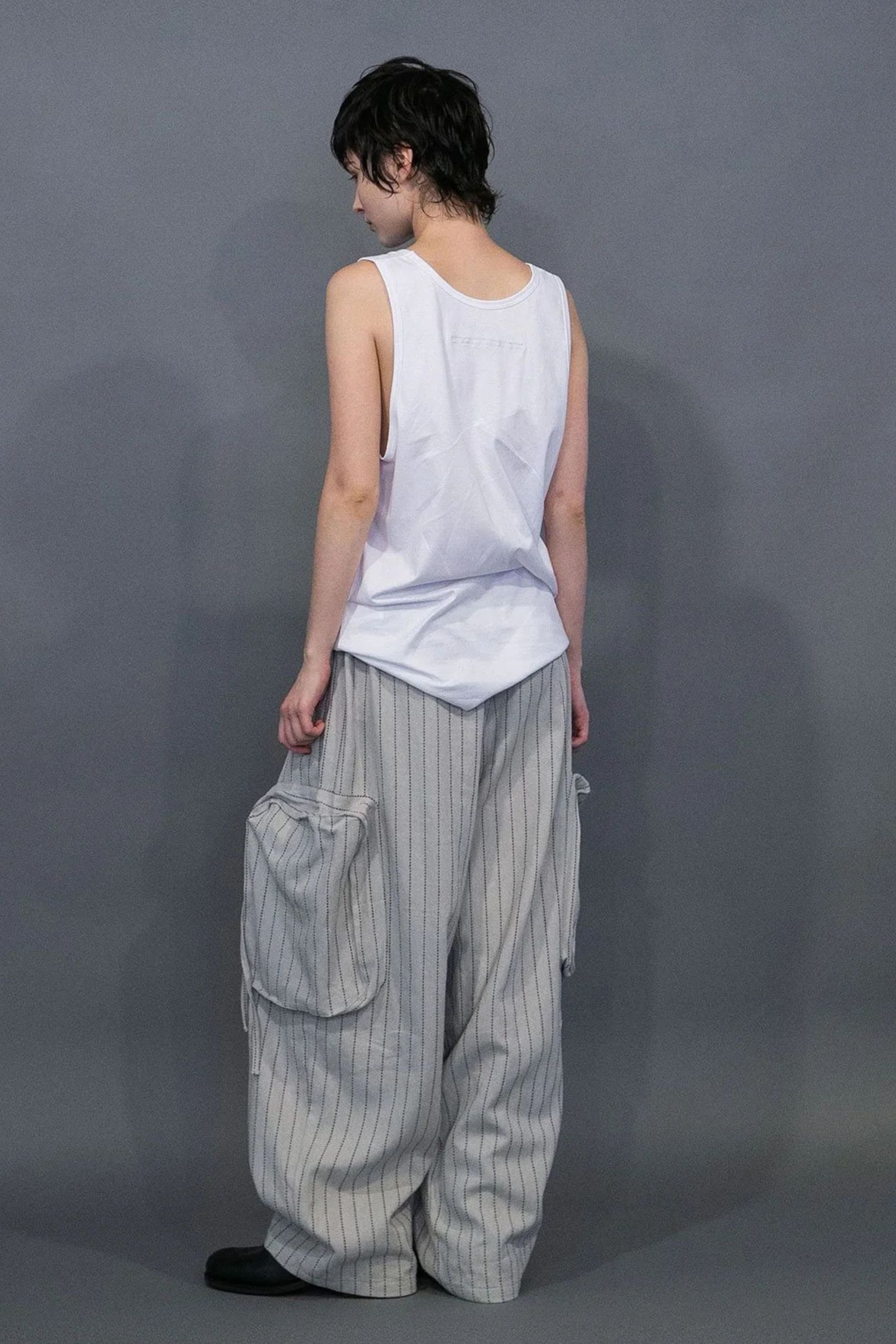 [ラスト1点] DOBBYSTRIPE / HERRINGBONE WIDE CARGO PANTS | LIGHT GRAY | ワイドパンツ