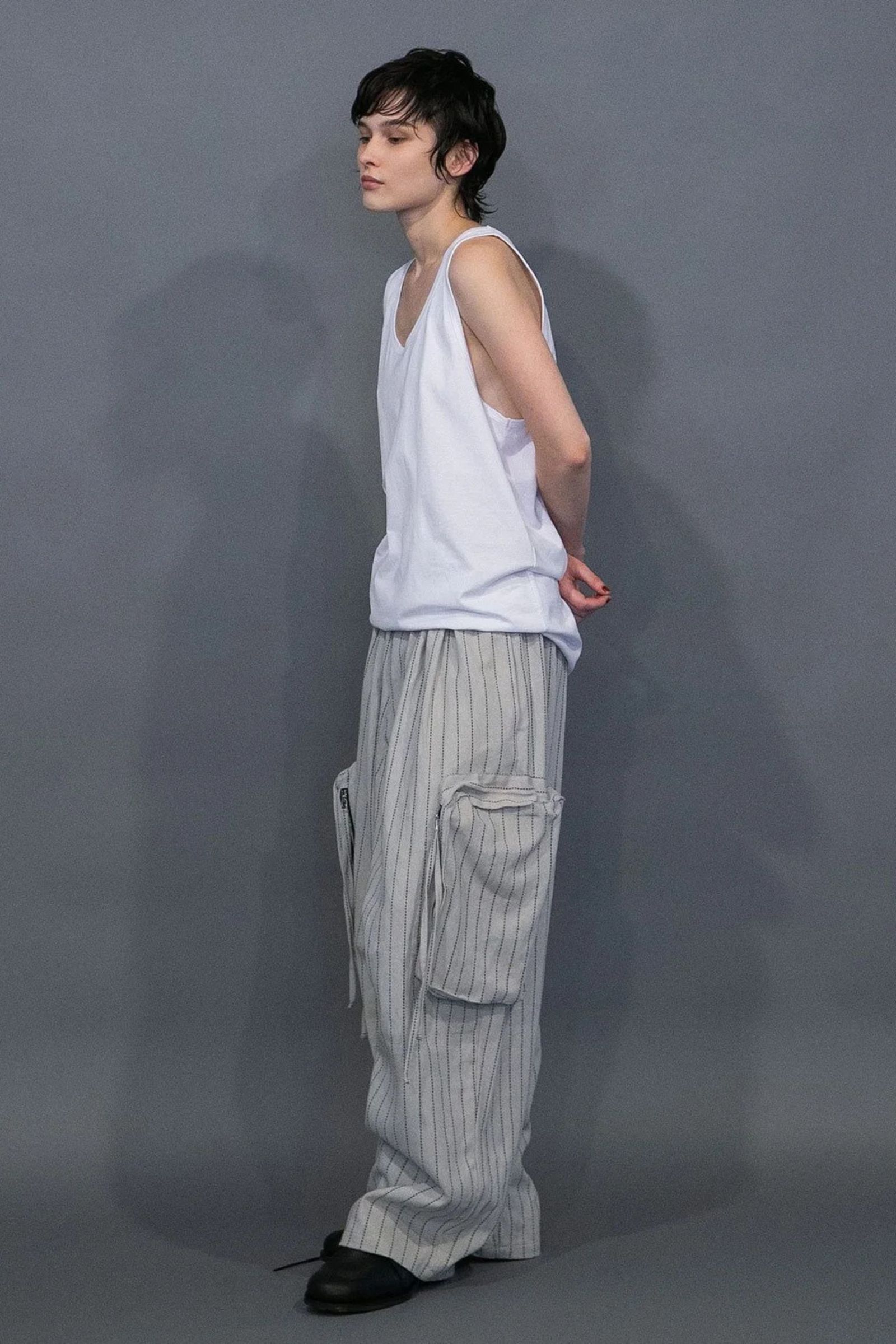 [ラスト1点] DOBBYSTRIPE / HERRINGBONE WIDE CARGO PANTS | LIGHT GRAY | ワイドパンツ