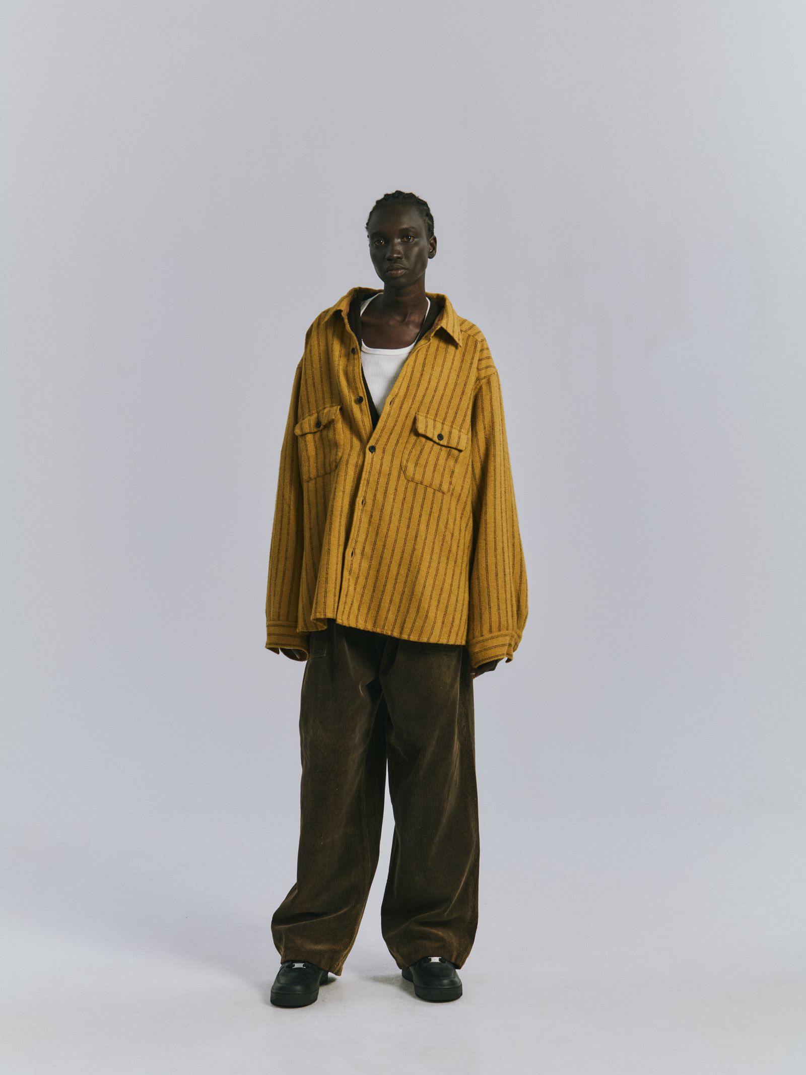 STRIPE BOXY WORK SHIRT | MUSTARD | シャツ