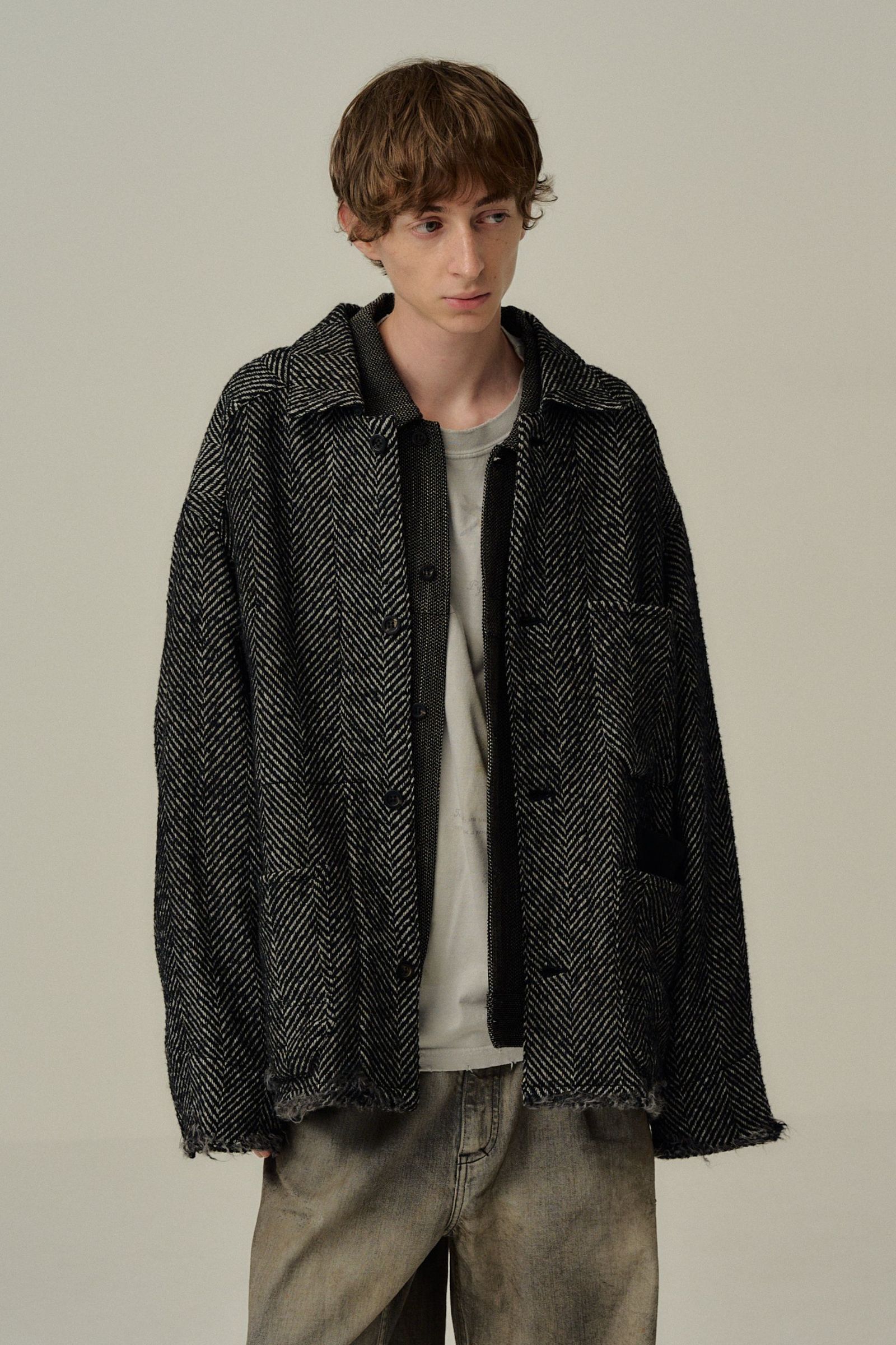 DAMAGE WOOL HERRINGBONE COVER ALL | WHITE×BLACK | カバーオール