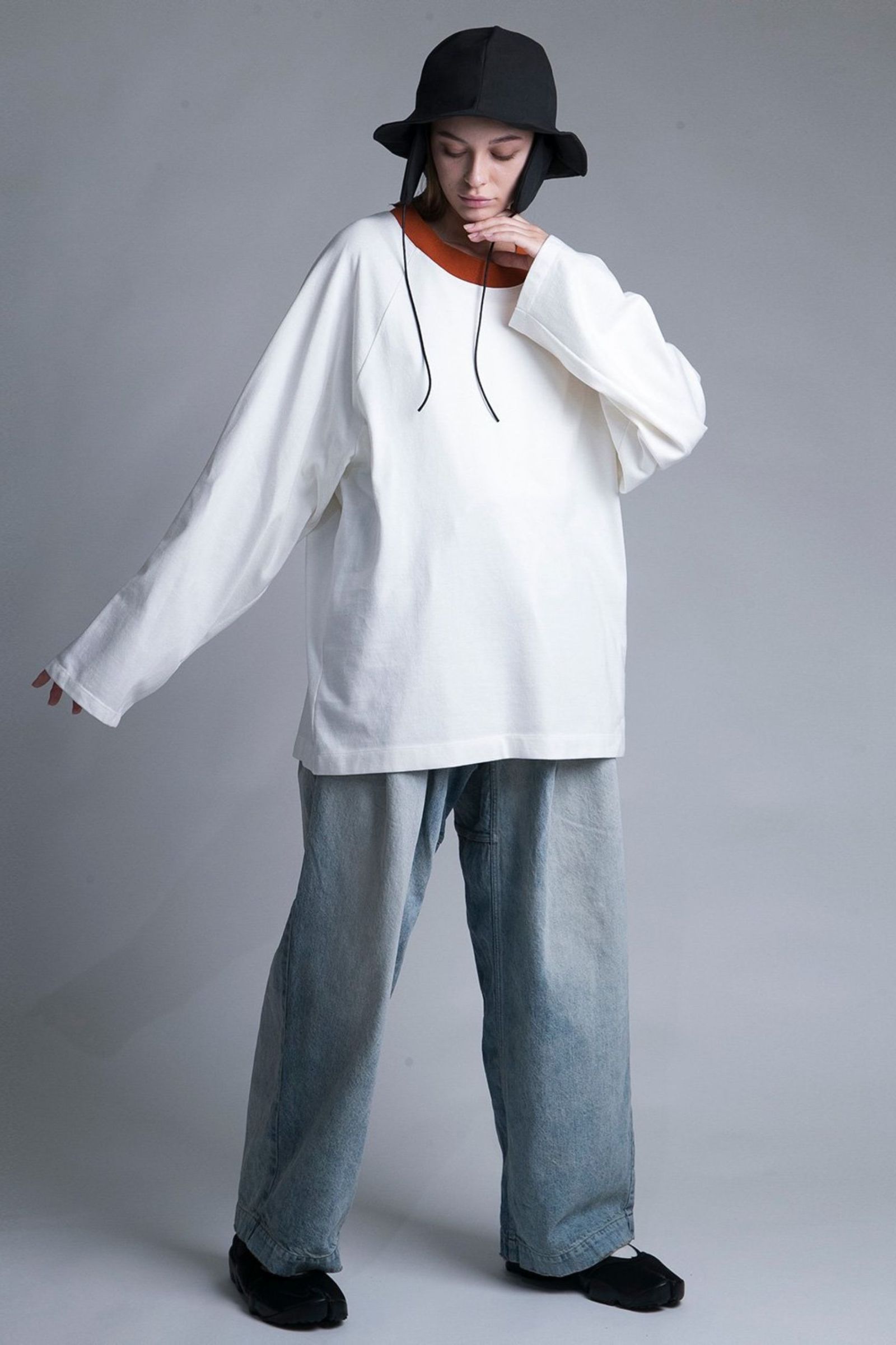 TIGHT-SLITCHED KNITTED FABRIC RINGER L/S TEE/ORANGE