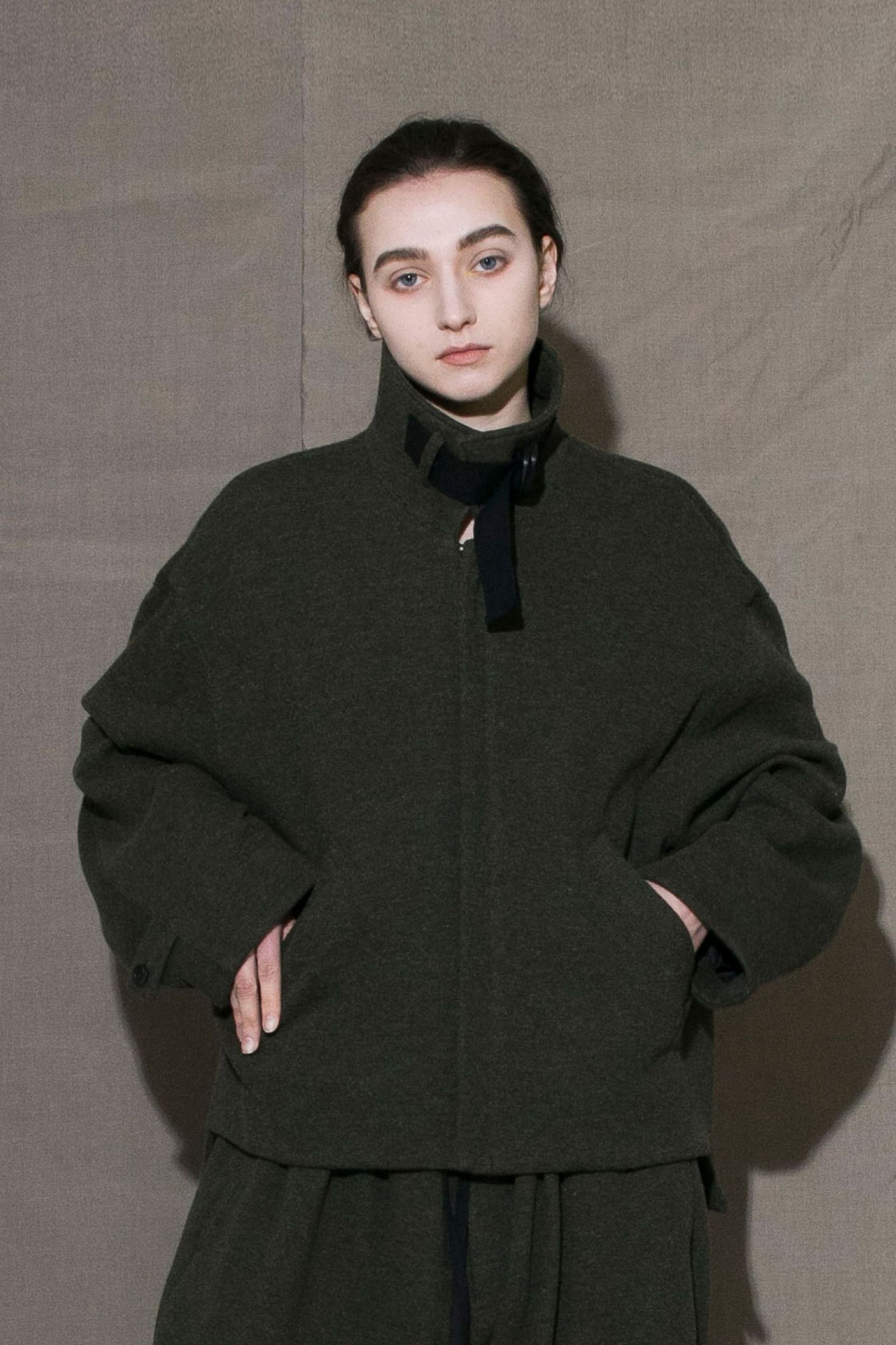 RECYCLED MELANGE WOOL KNIT ZIP BLOUSON/OLIVE