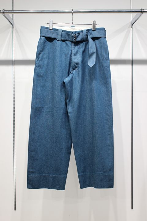 BLUE SHUTTLE DENIM BELTED FRENCH ARMY MIL BAGGY TROUSER | BLUE | デニムパンツ