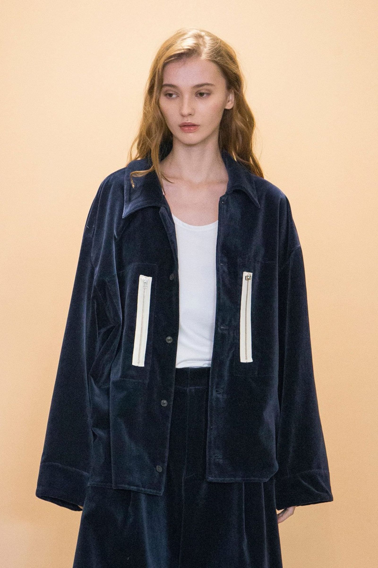 VELVET USED FINISH OVERSIZE SHIRT JACKET/NAVY