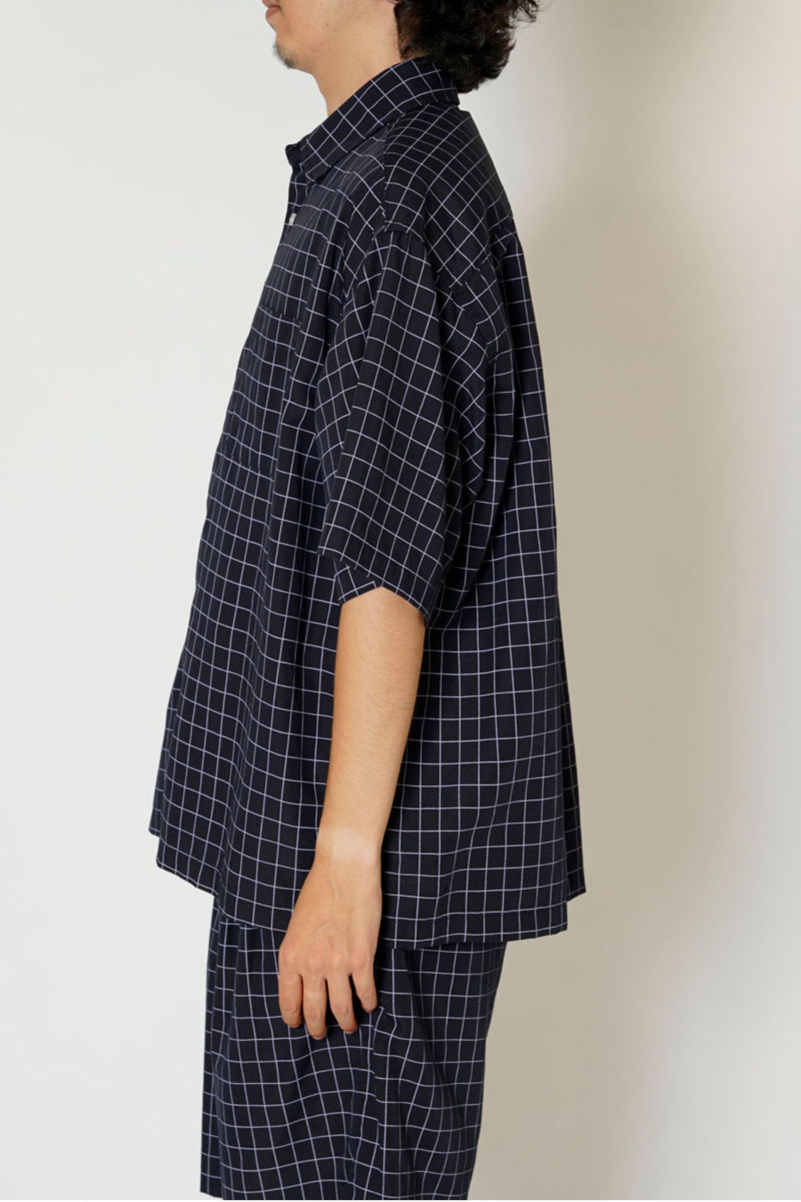 UNIVERSAL PRODUCTS - LINEN WINDOWPANE CHECK S/S SHIRT/D.NAVY