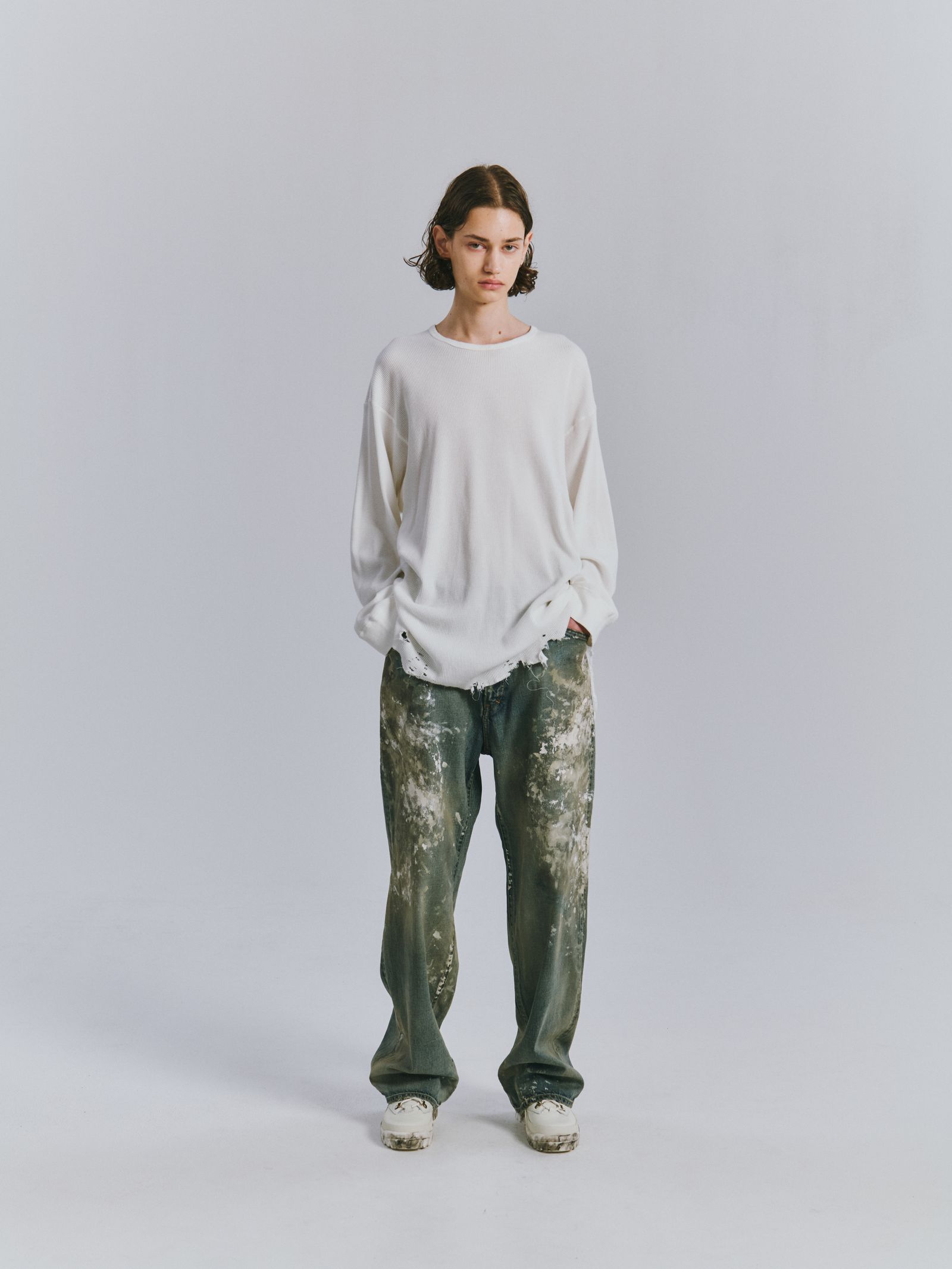 DAMAGE WAFFLE CREW LS | WHITE | カットソー