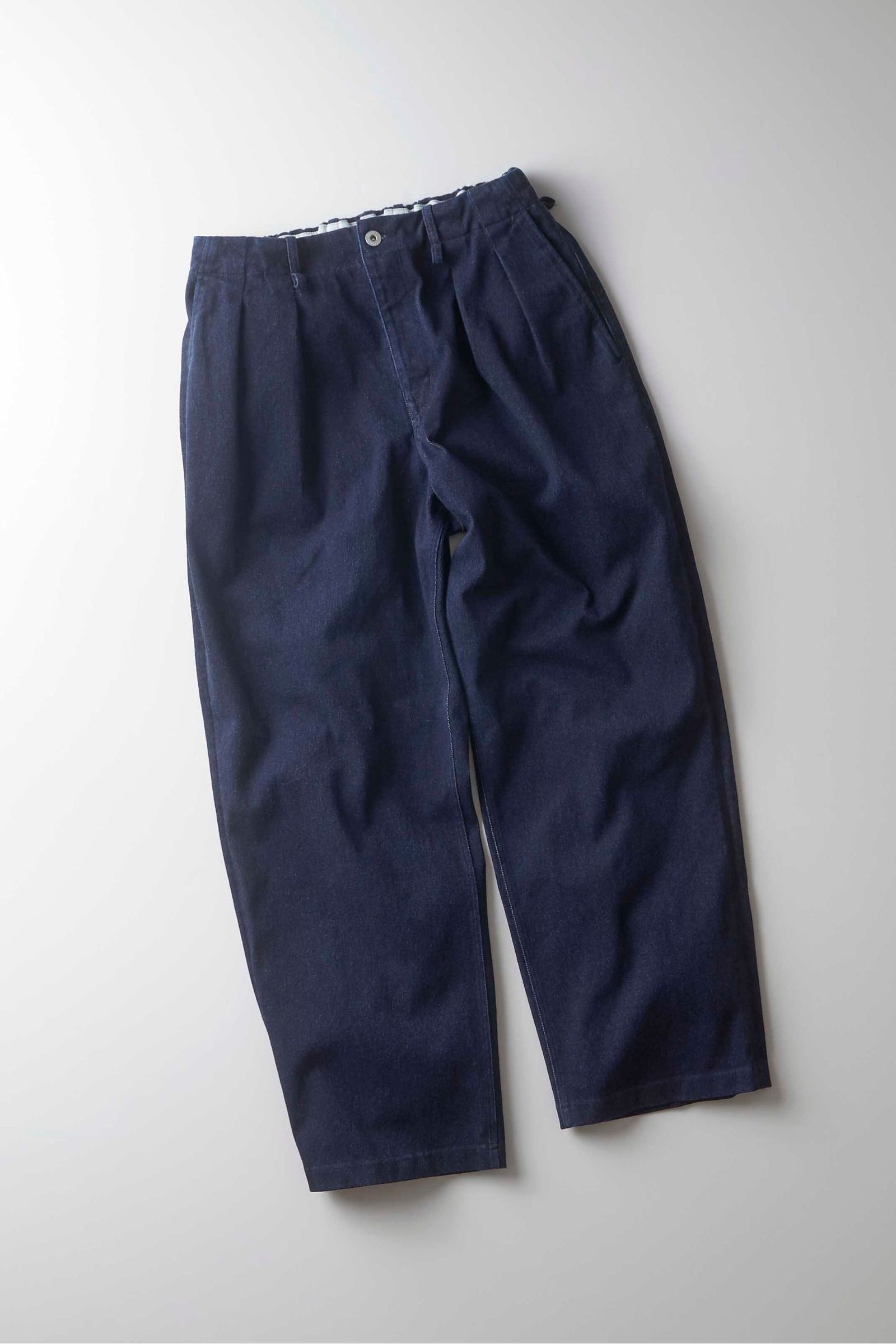 INDIGO 2TUCK WIDE EZ SLACKS “ONE WASHED”/ニットデニムパンツ