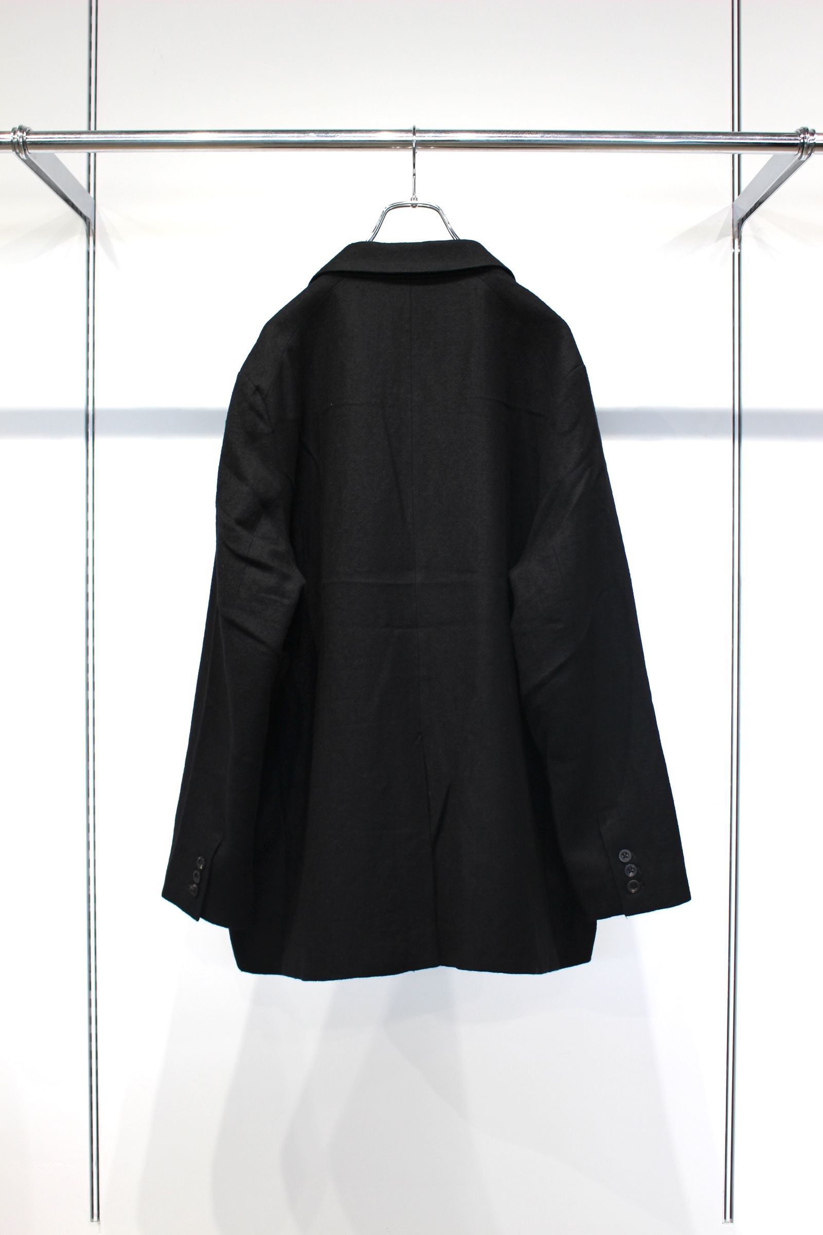 SEMI-DOUBLE TAILORED JACKET | SHRINK WOOL WIDE SLACKS | BLACK | セットアップ