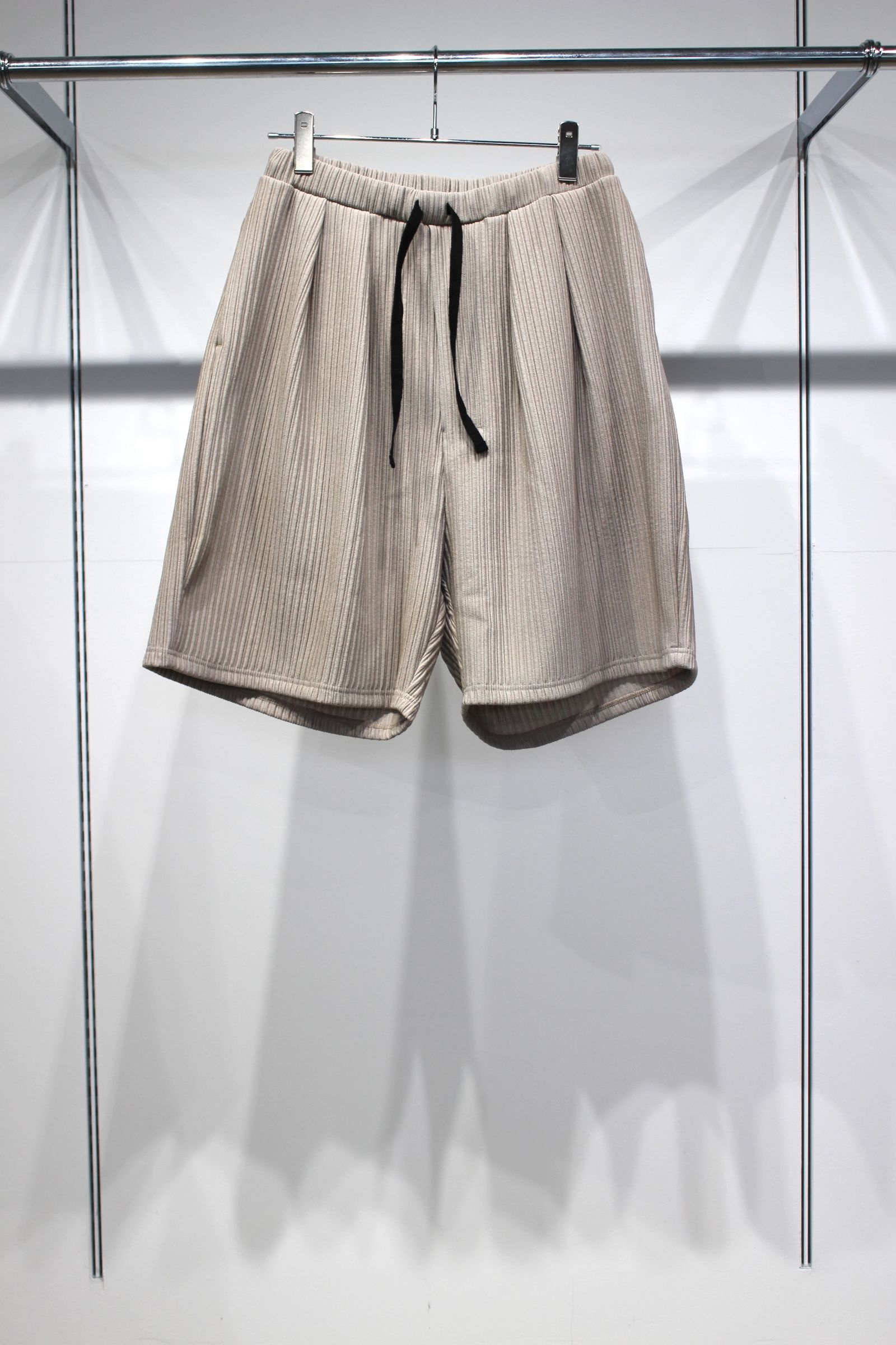 [ラスト1点] WRINKLED STRIPE TUCK SHORT PANTS | GREIGE | ショートパンツ