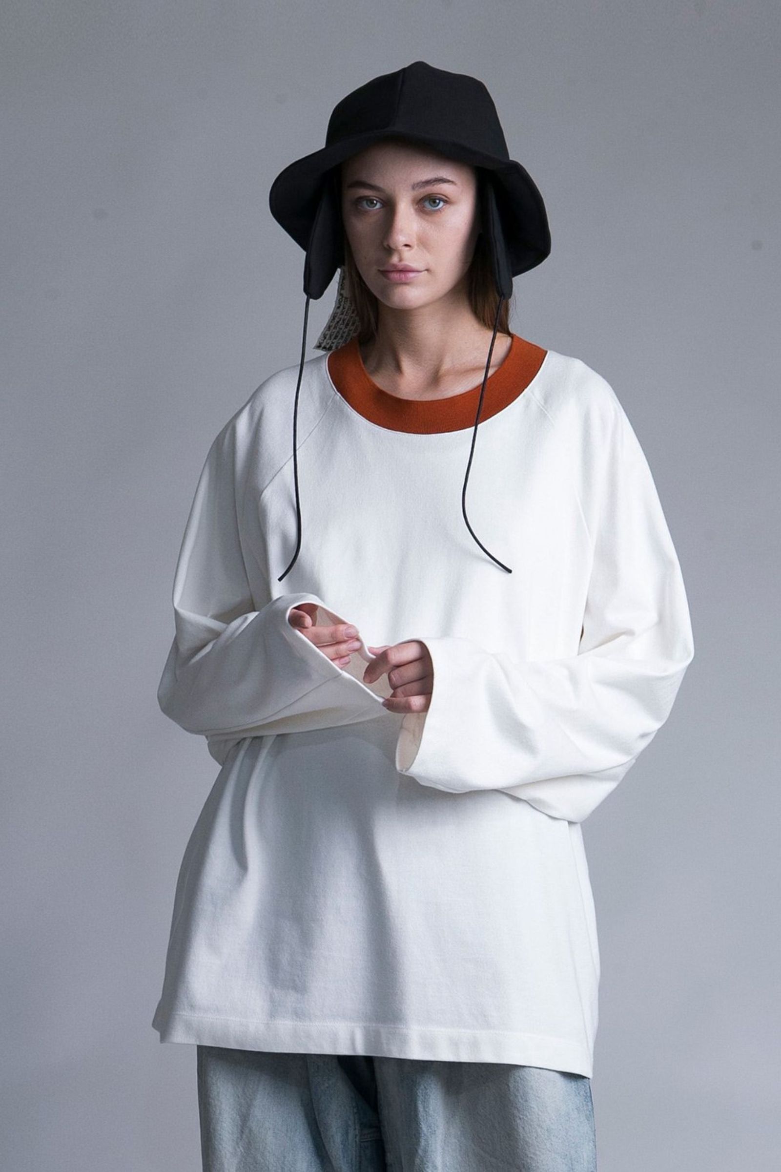 TIGHT-SLITCHED KNITTED FABRIC RINGER L/S TEE/ORANGE