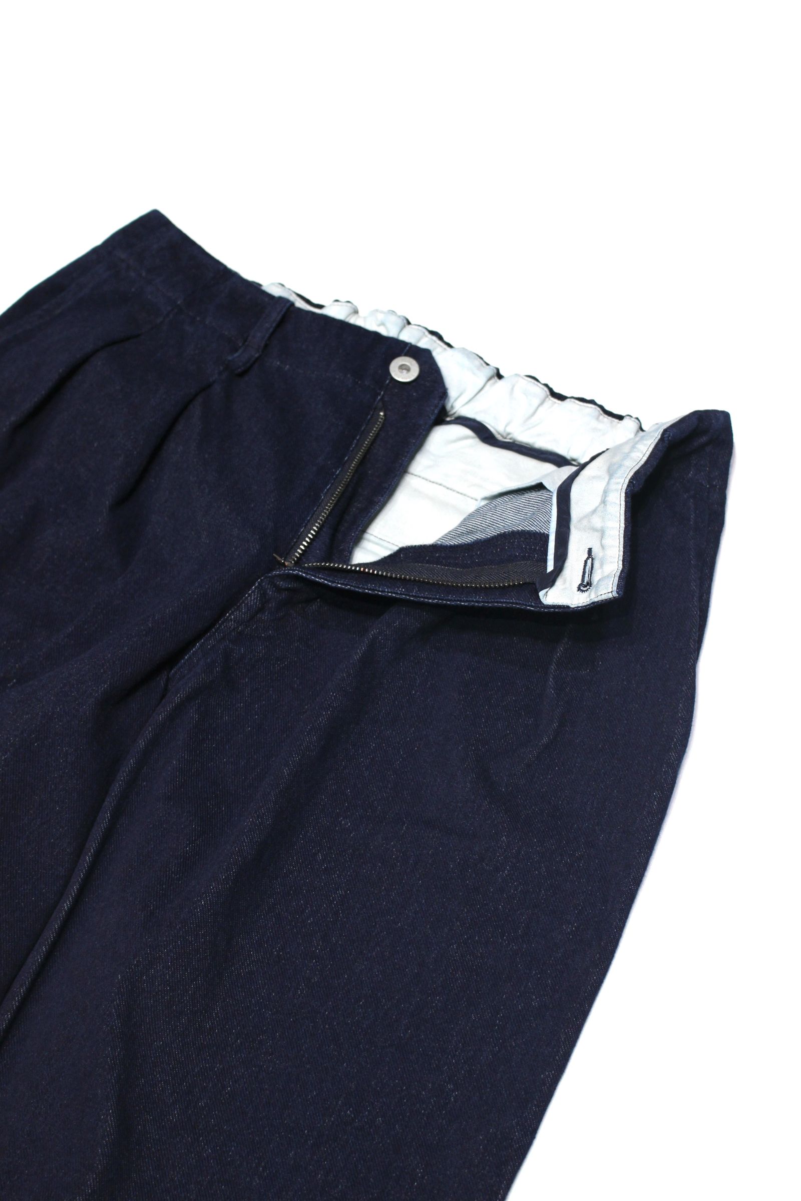 INDIGO 2TUCK WIDE EZ SLACKS “ONE WASHED”/ニットデニムパンツ