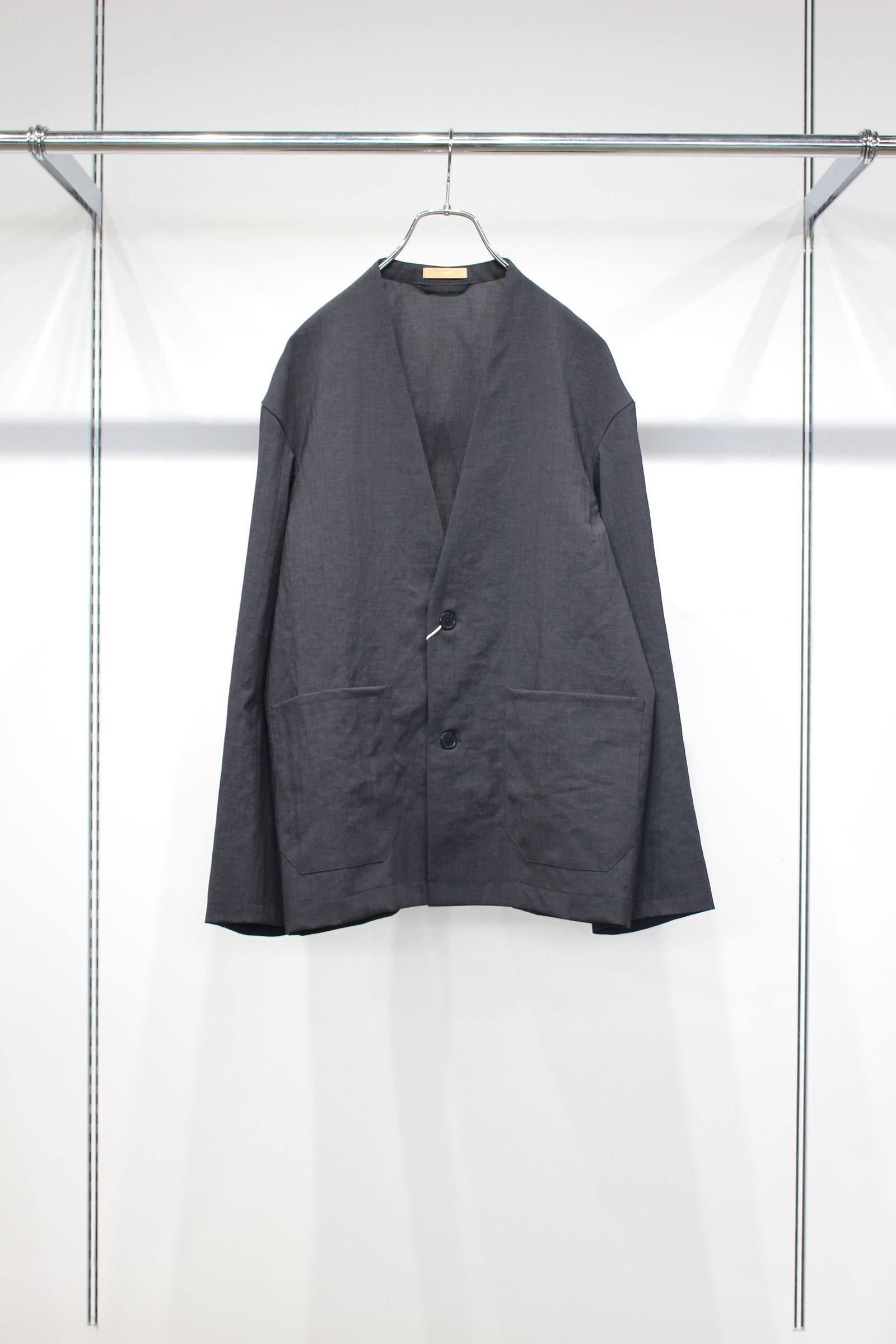 NO-COLLAR SHARI JACKET | CHAMBRAY BLACK | ノーカラージャケット