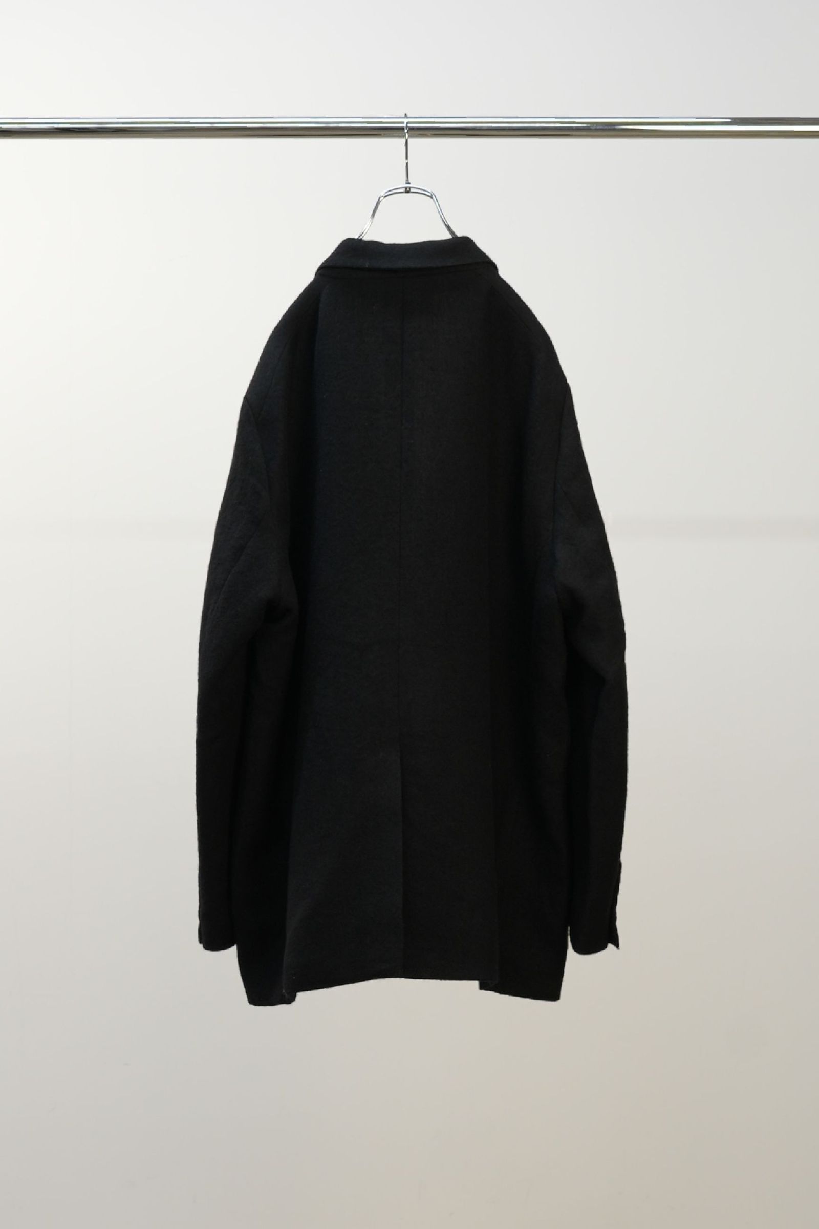 SEMI-DOUBLE TAILORED JACKET | SHRINK WOOL WIDE SLACKS | BLACK | セットアップ