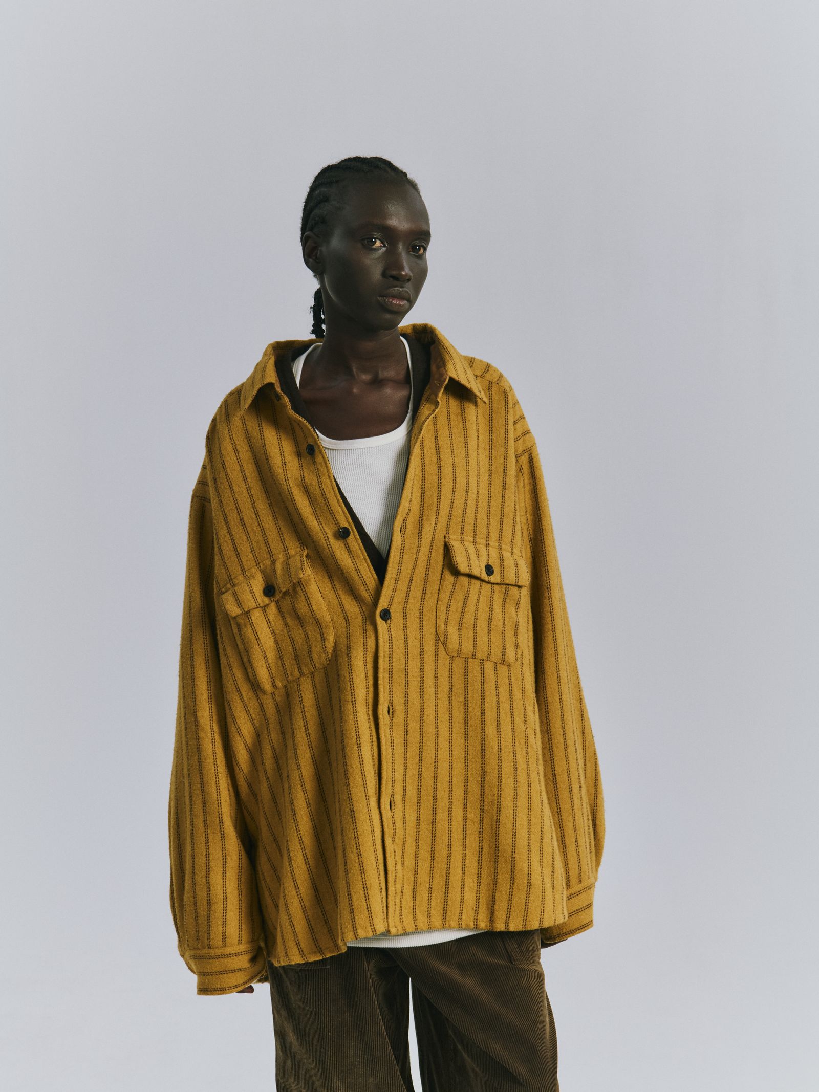 STRIPE BOXY WORK SHIRT | MUSTARD | シャツ