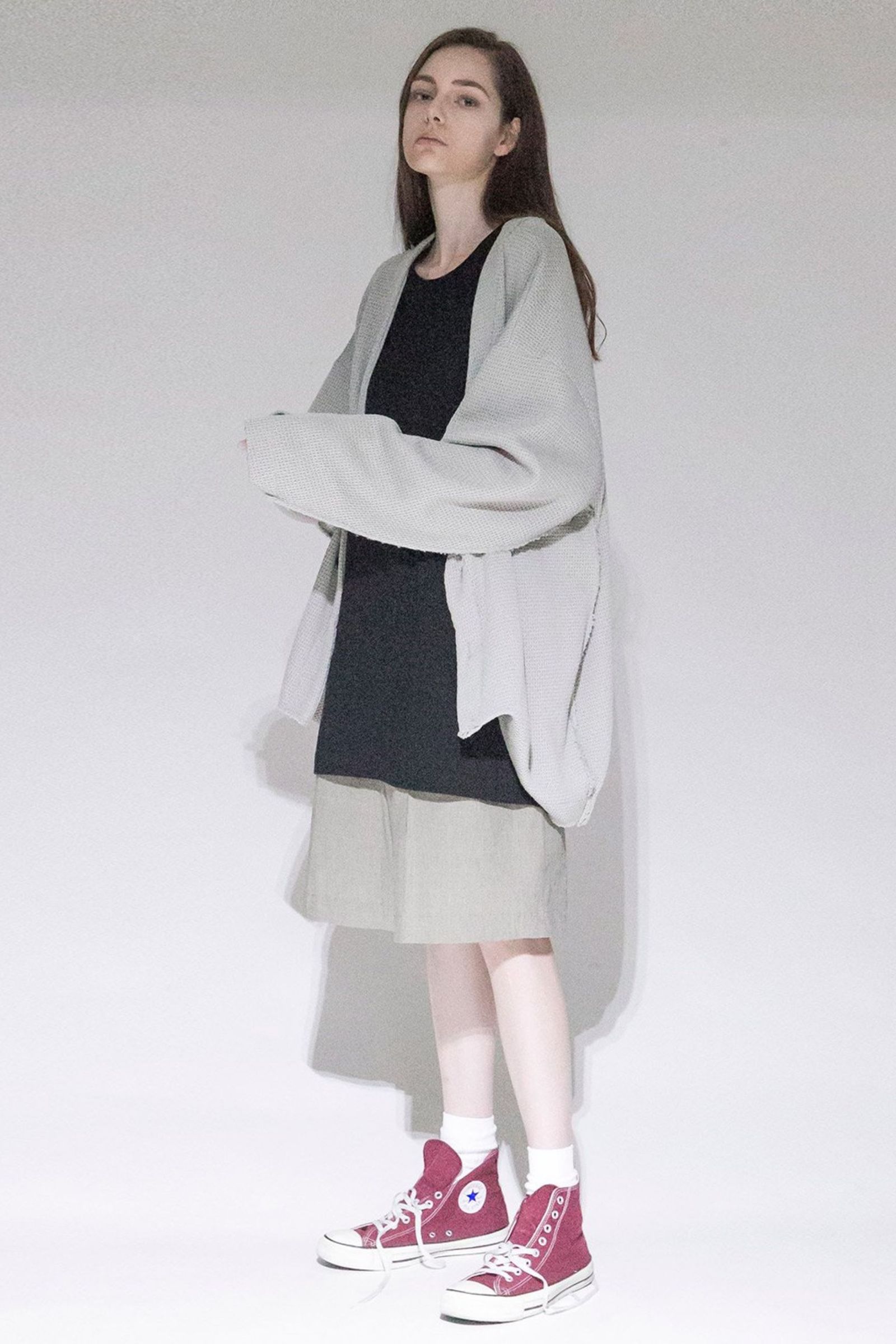 Honey Comb Quarter Gauge Cardigan/GRAY