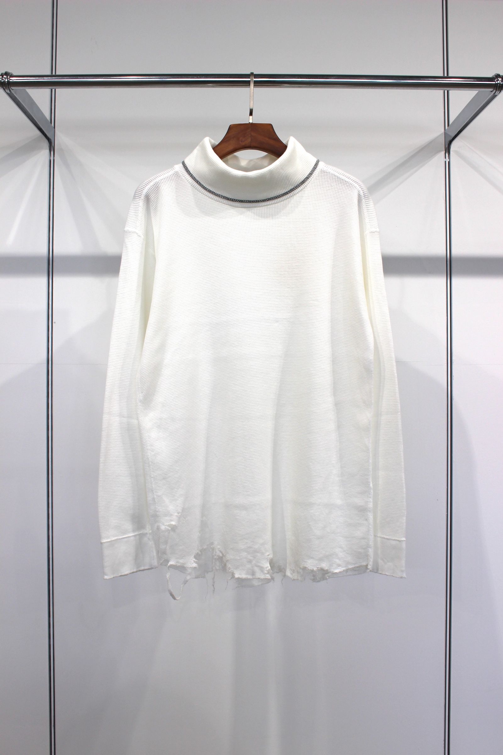 ANCELLM - [ラスト1点] DAMAGE WAFFLE CREW HI-NECK LS T-SHIRT/WHITE