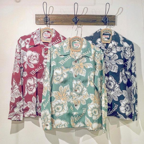 PATTARN OF TROPICAL PLANTS L/S / 長袖レーヨンシャツ / アロハシャツ / ハワイアン / 総柄 / ワイン