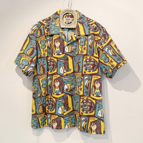 Masked Marvel / ISLAND WOODCUT / 半袖コットンリネンシャツ / アロハシャツ / ハワイアン / 総柄 /