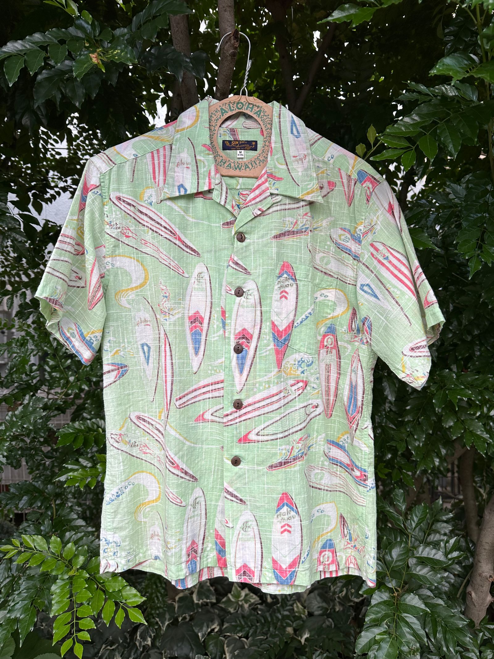 ALOHA SHIRT / SURF BOARDS / コットンリネン / 半袖オープンシャツ / サーフボード柄 / アロハシャツ / ハワイアン / SS38109 / グリーン(145)