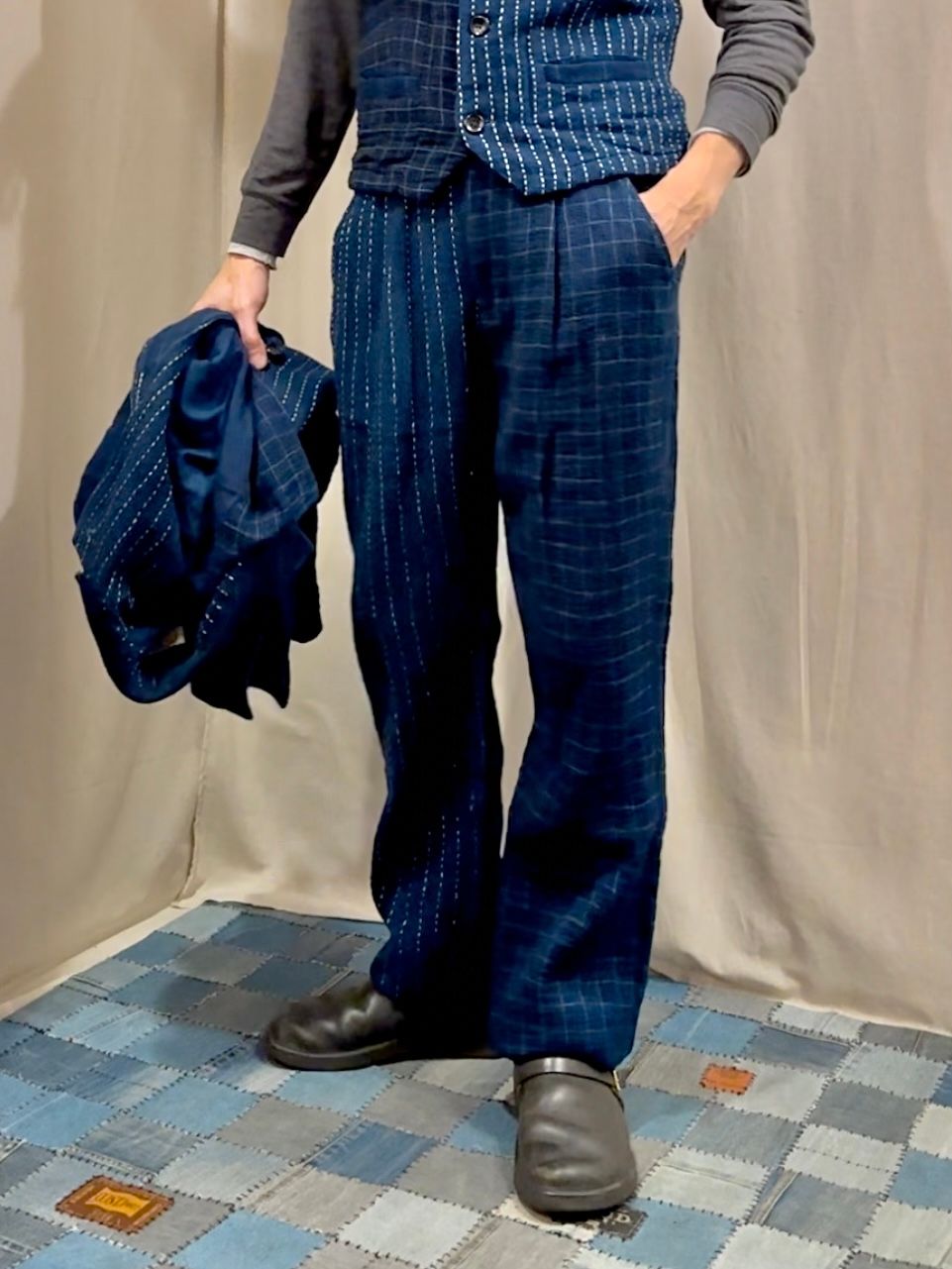 【LUCKY “福”SALE】INDIGO Wガーゼステッチワーク 3ピースセット(ジャケット×ベスト×パンツ)Mサイズ