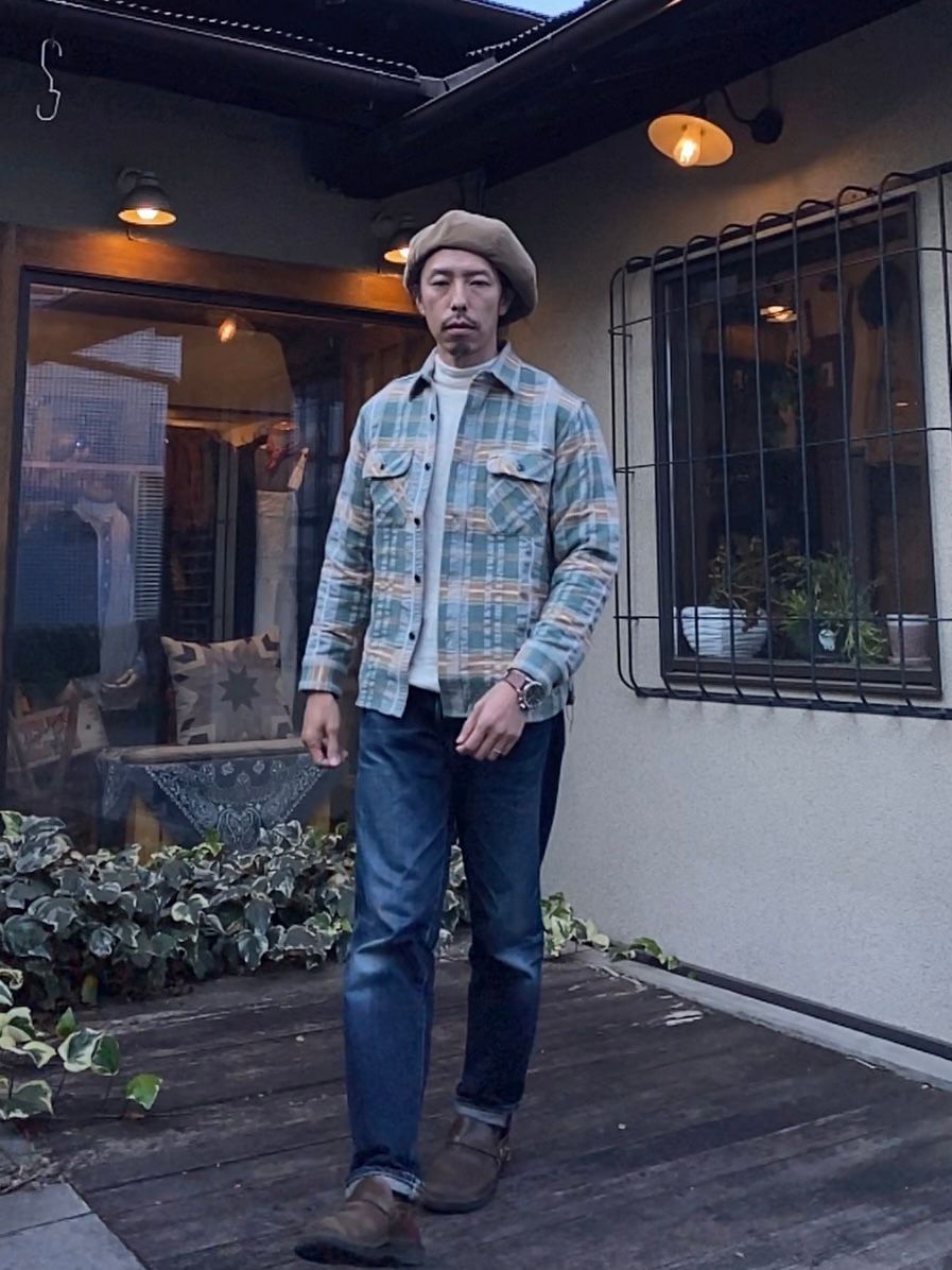 FICTION ROMANCE FANCY TWILL & DOUBLE WEAVE WORK SHIRT / ヘビーネルワークシャツ / ネルシャツ / チェックシャツ / GREEN (145)
