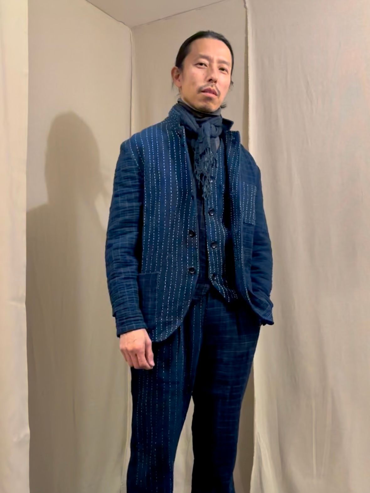 【LUCKY “福”SALE】INDIGO Wガーゼステッチワーク 3ピースセット(ジャケット×ベスト×パンツ)Mサイズ