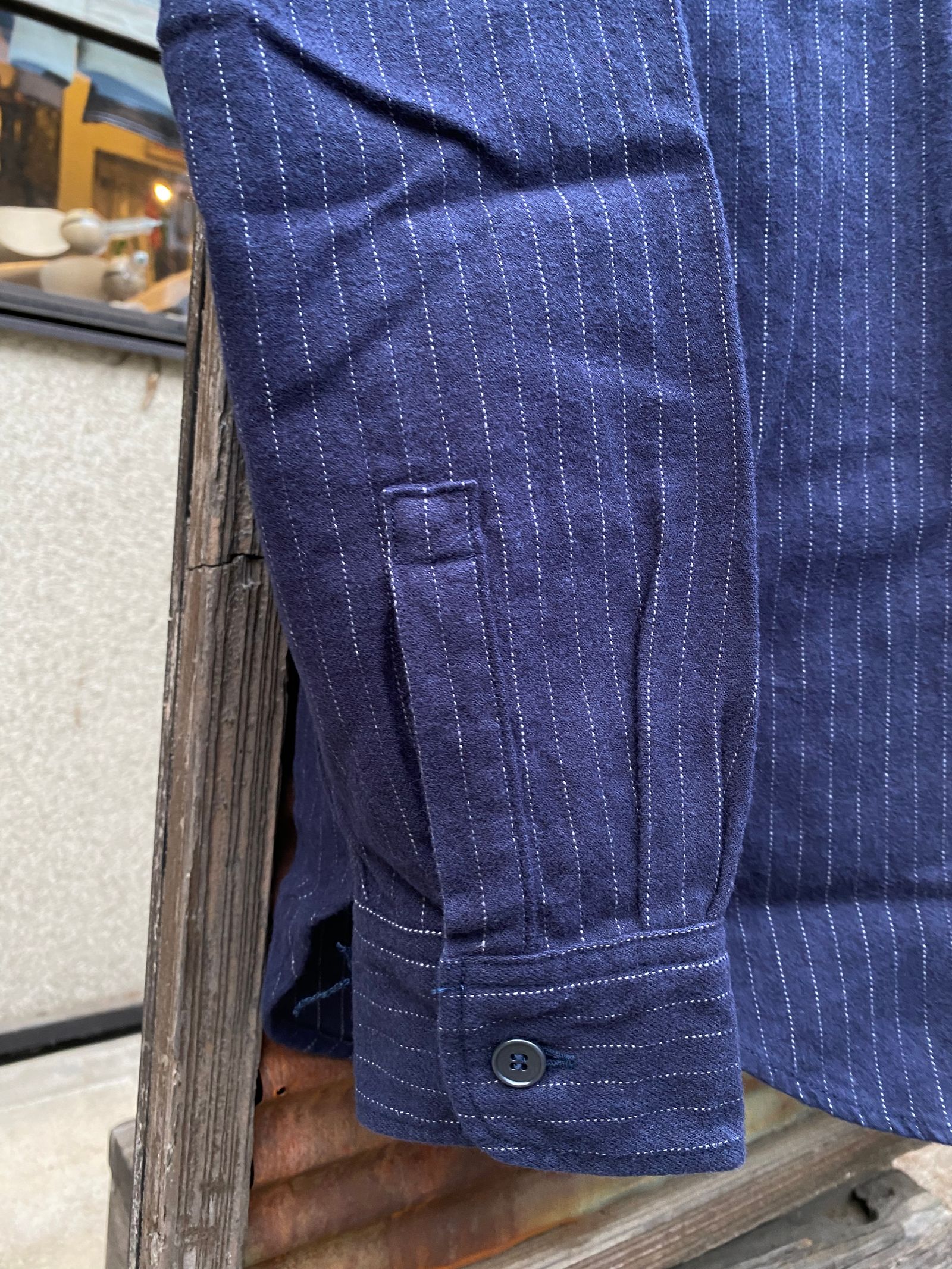 F3485 C/W STRIPE BANDCOLLAR / C/W ストライプ バンドカラー シャツ / NAVY