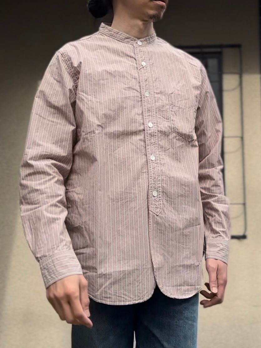 F3488 / STRIPE BAND COLLAR SHIRT / ストライプ バンドカラーシャツ / ブラウン