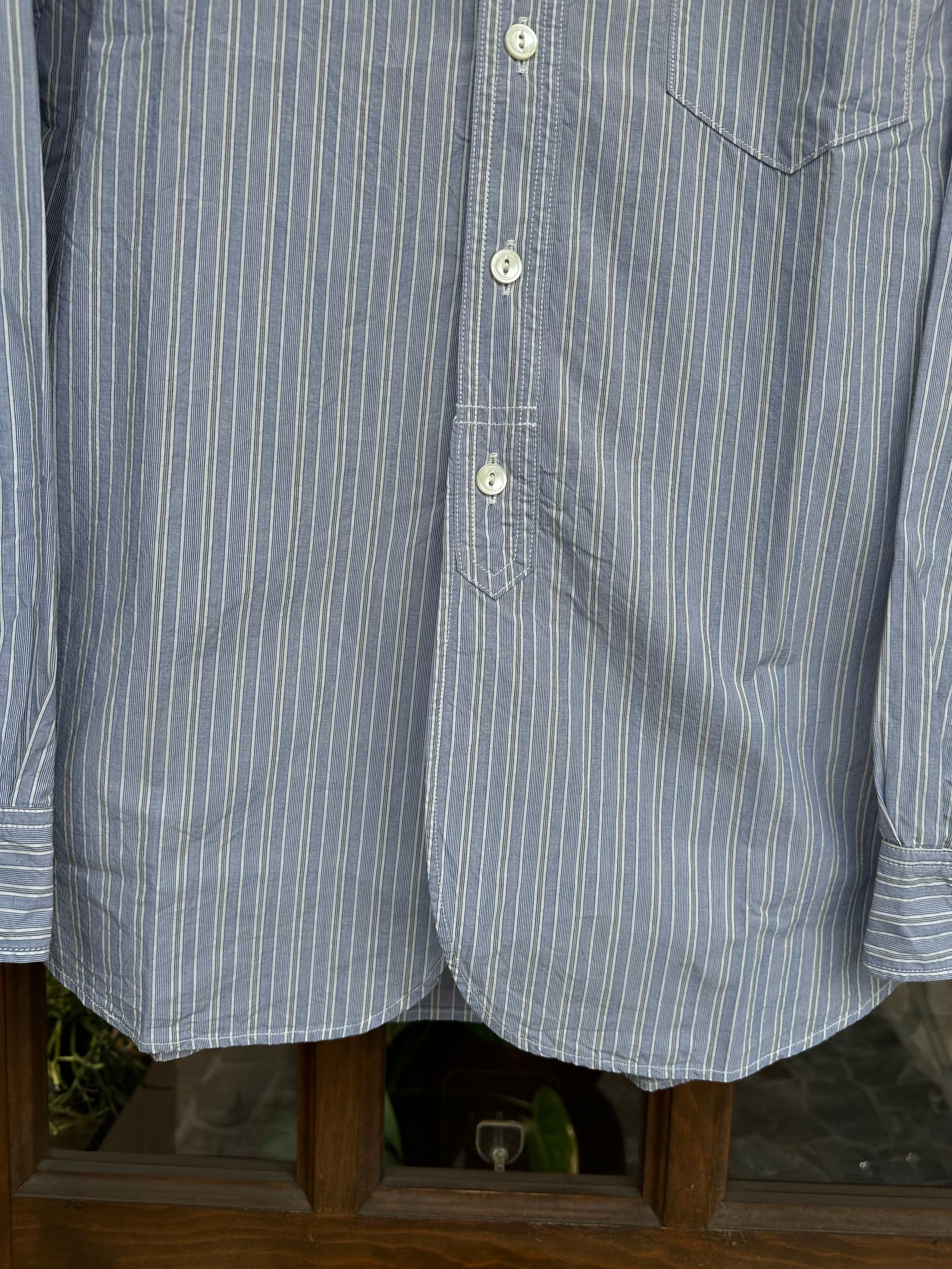 F3488 / STRIPE BAND COLLAR SHIRT / ストライプ バンドカラーシャツ / サックス