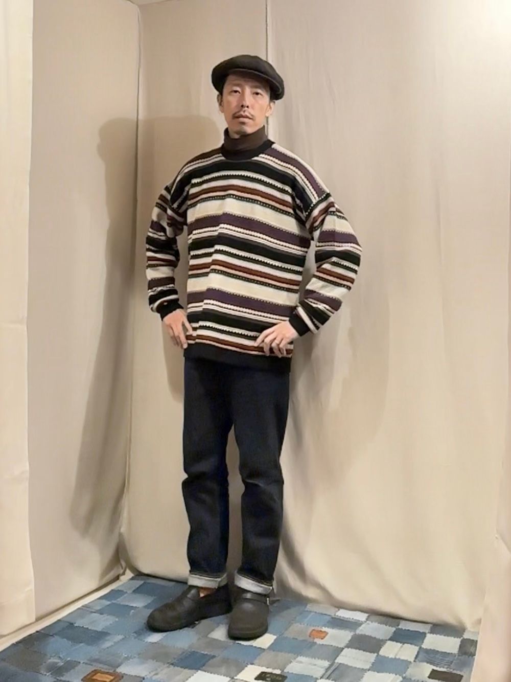 90's BORDER KNIT / ベージュ( パープル系 )