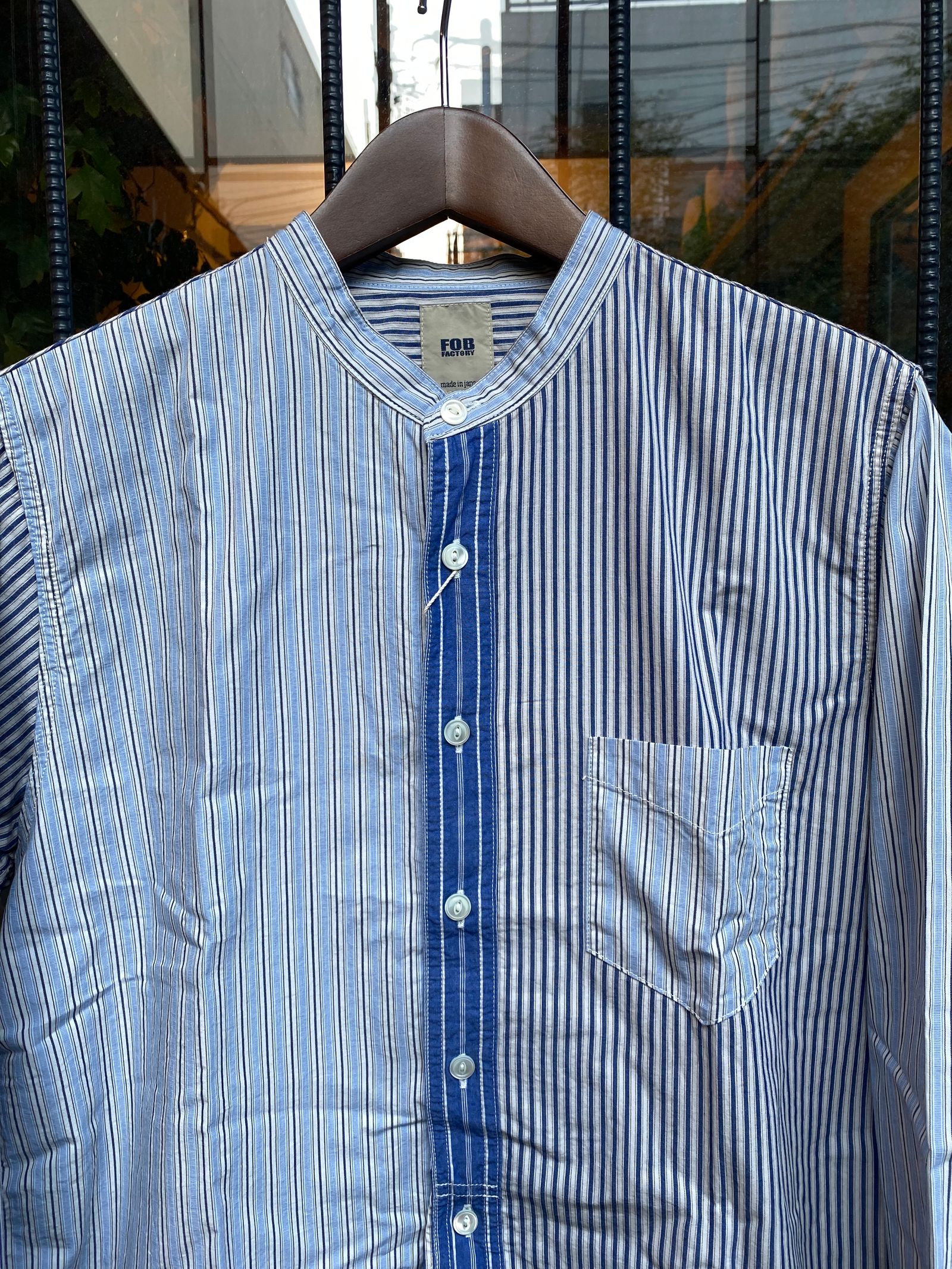 F3476 / CRAZY STRIPE BAND COLLAR SHIRT / クレイジーストライプ バンドカラーシャツ / BULE