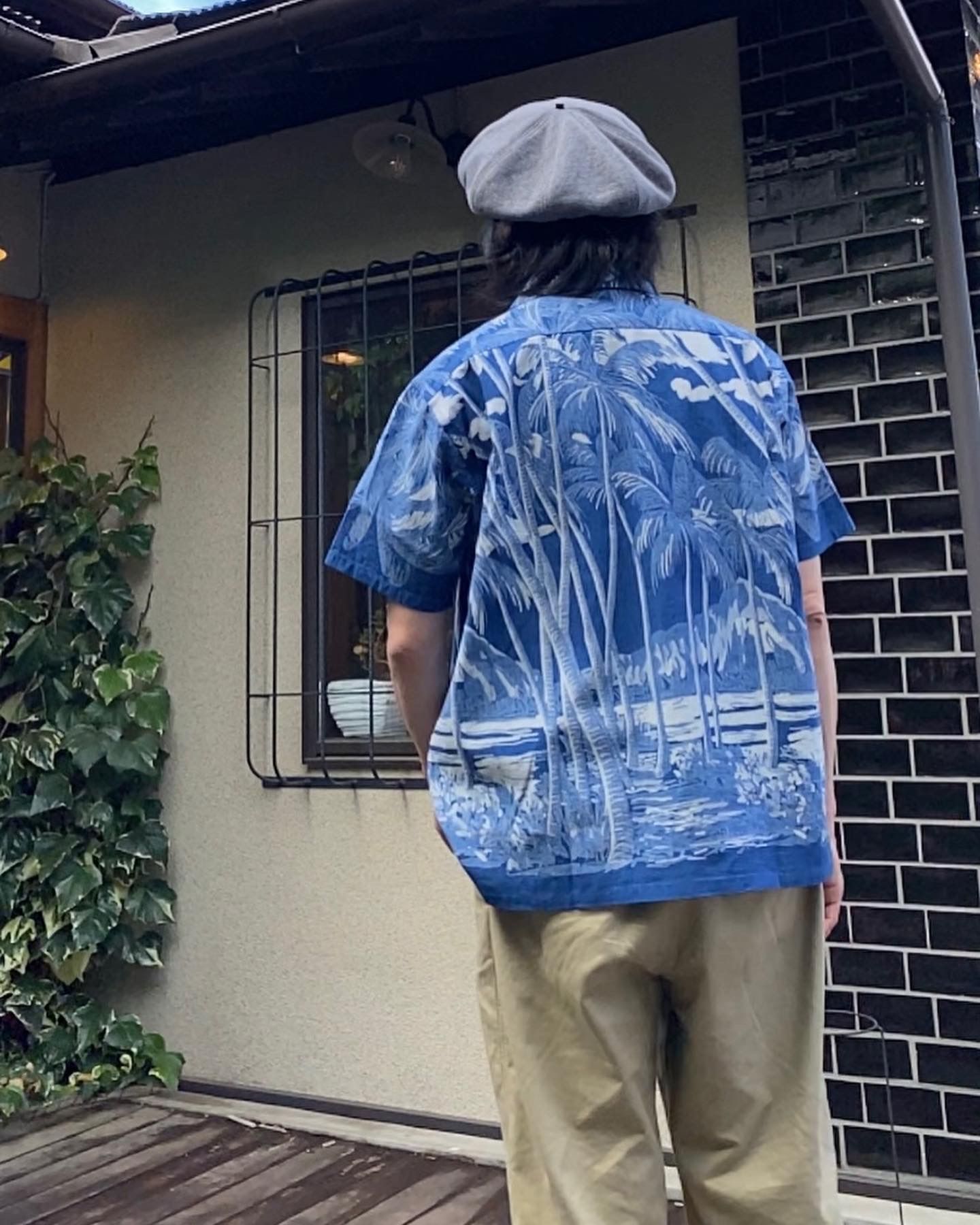 INDIGO COTTON HAWAIIAN SHIRT “COCONUT PALM & DIAMONDHEAD / NAVY(128)