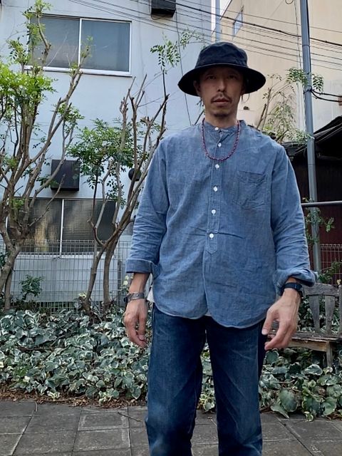F3428 / BAND COLLAR SHIRT / シャンブレーバンドカラーシャツ / ブルー
