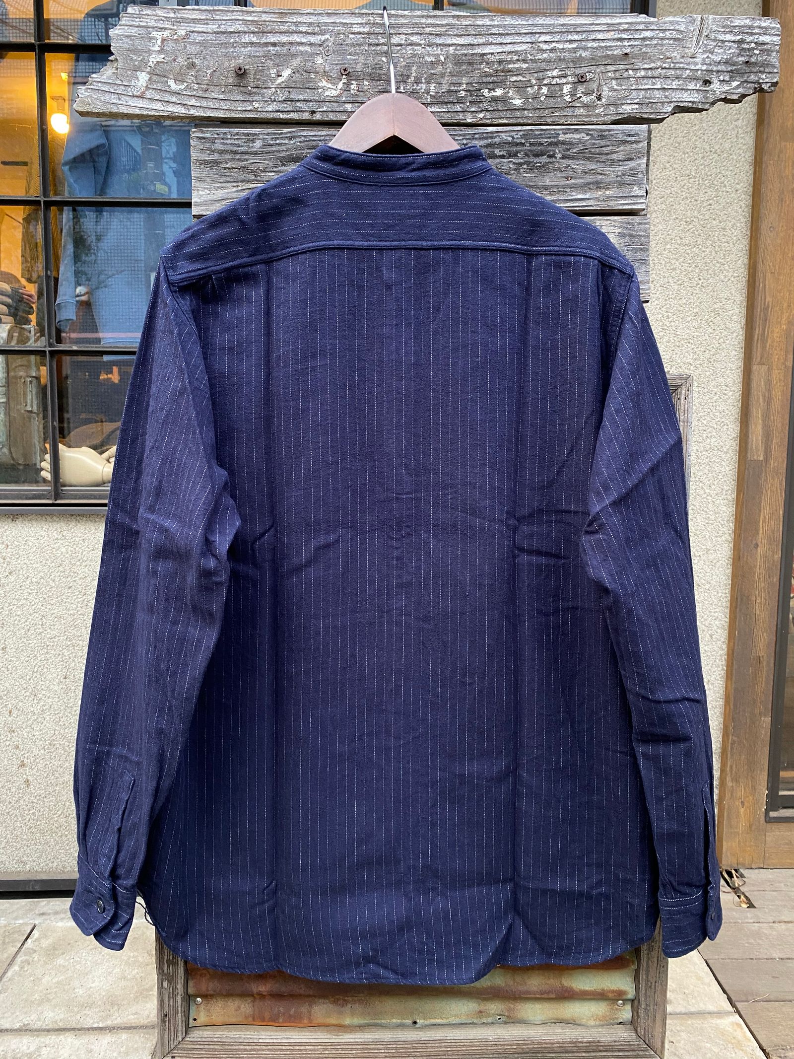 F3485 C/W STRIPE BANDCOLLAR / C/W ストライプ バンドカラー シャツ / NAVY