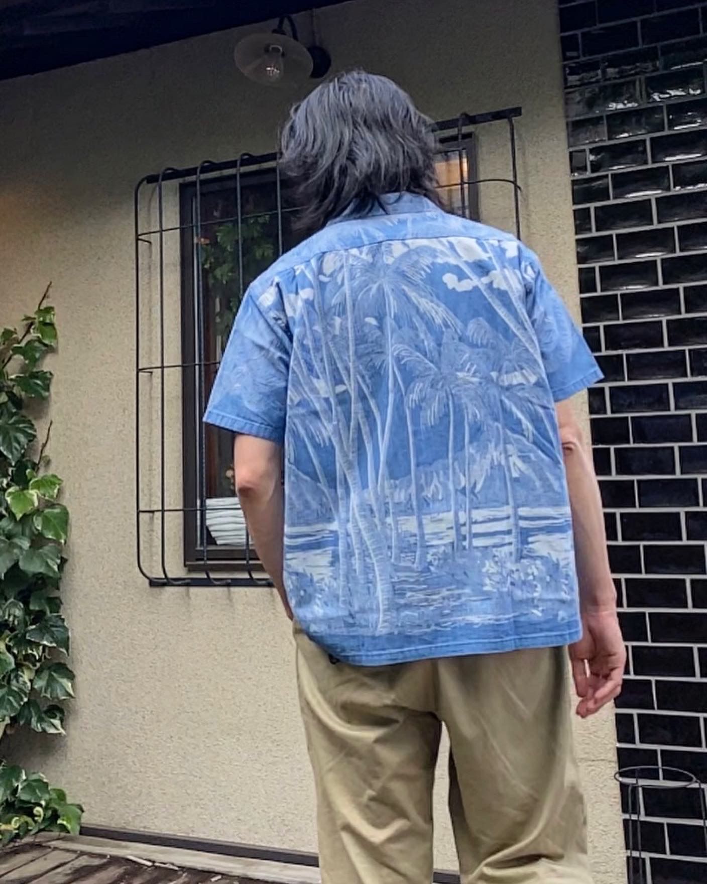 DUKE KAHANAMOKU - INDIGO COTTON HAWAIIAN SHIRT “COCONUT PALM