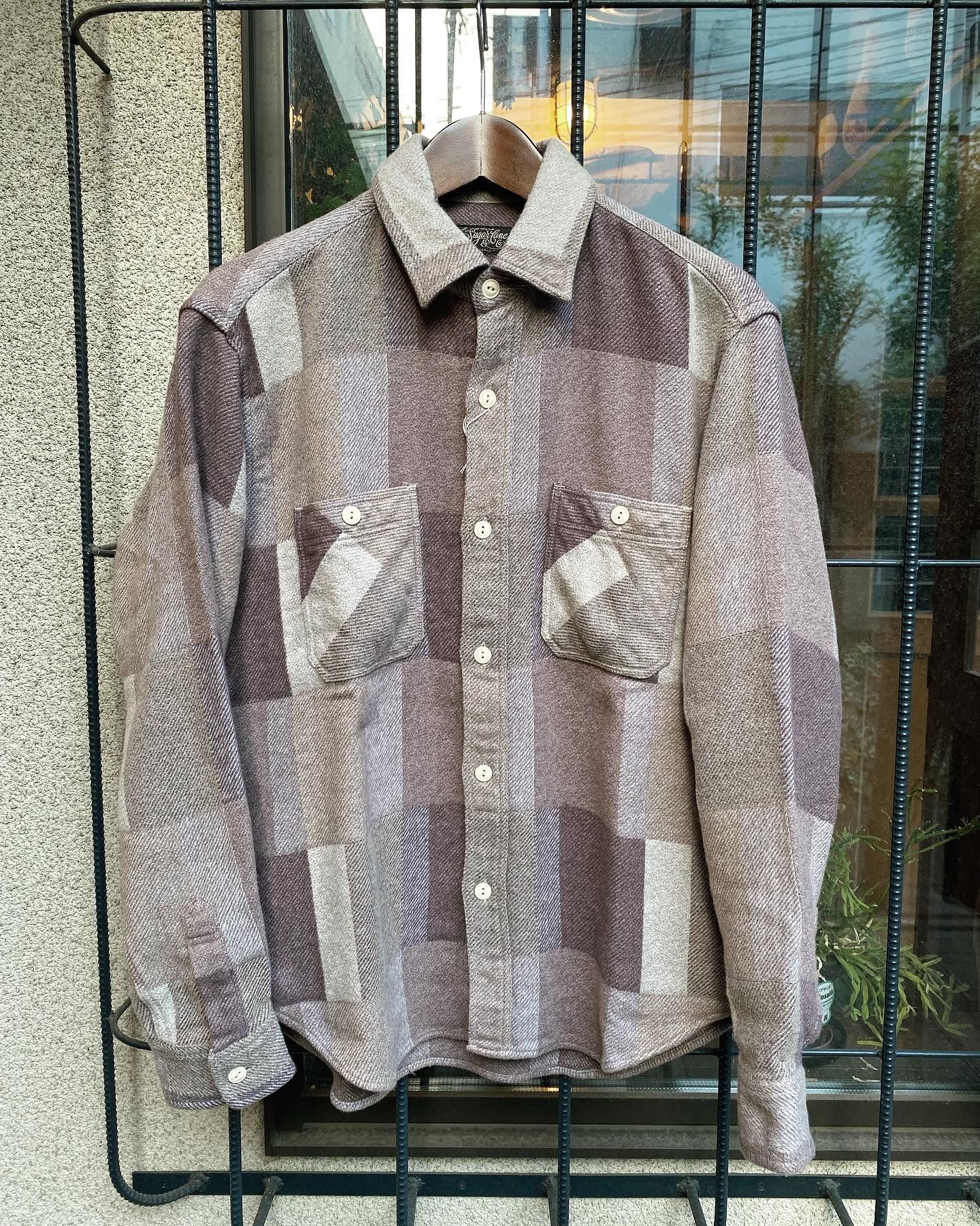 GRADATION PATCH WORK WORK SHIRT / ヘビーネルワークシャツ / ネルシャツ / チェックシャツ / パッチワーク /  BEIGE - S