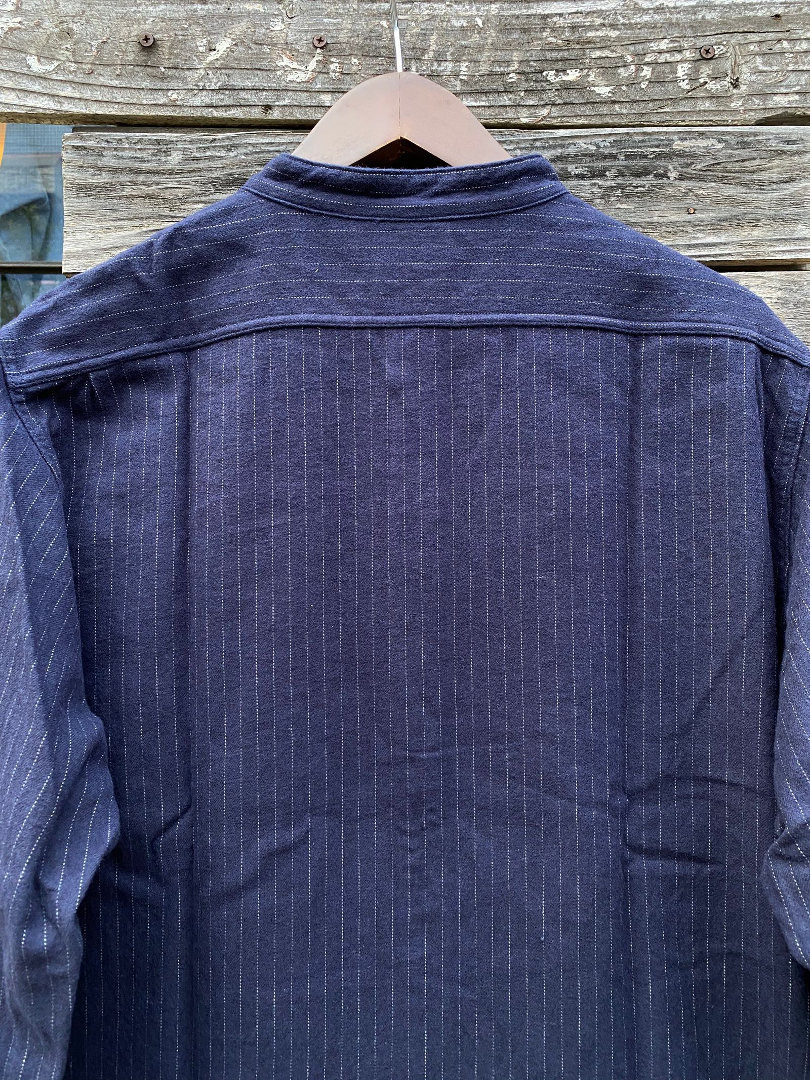 F3485 C/W STRIPE BANDCOLLAR / C/W ストライプ バンドカラー シャツ / NAVY