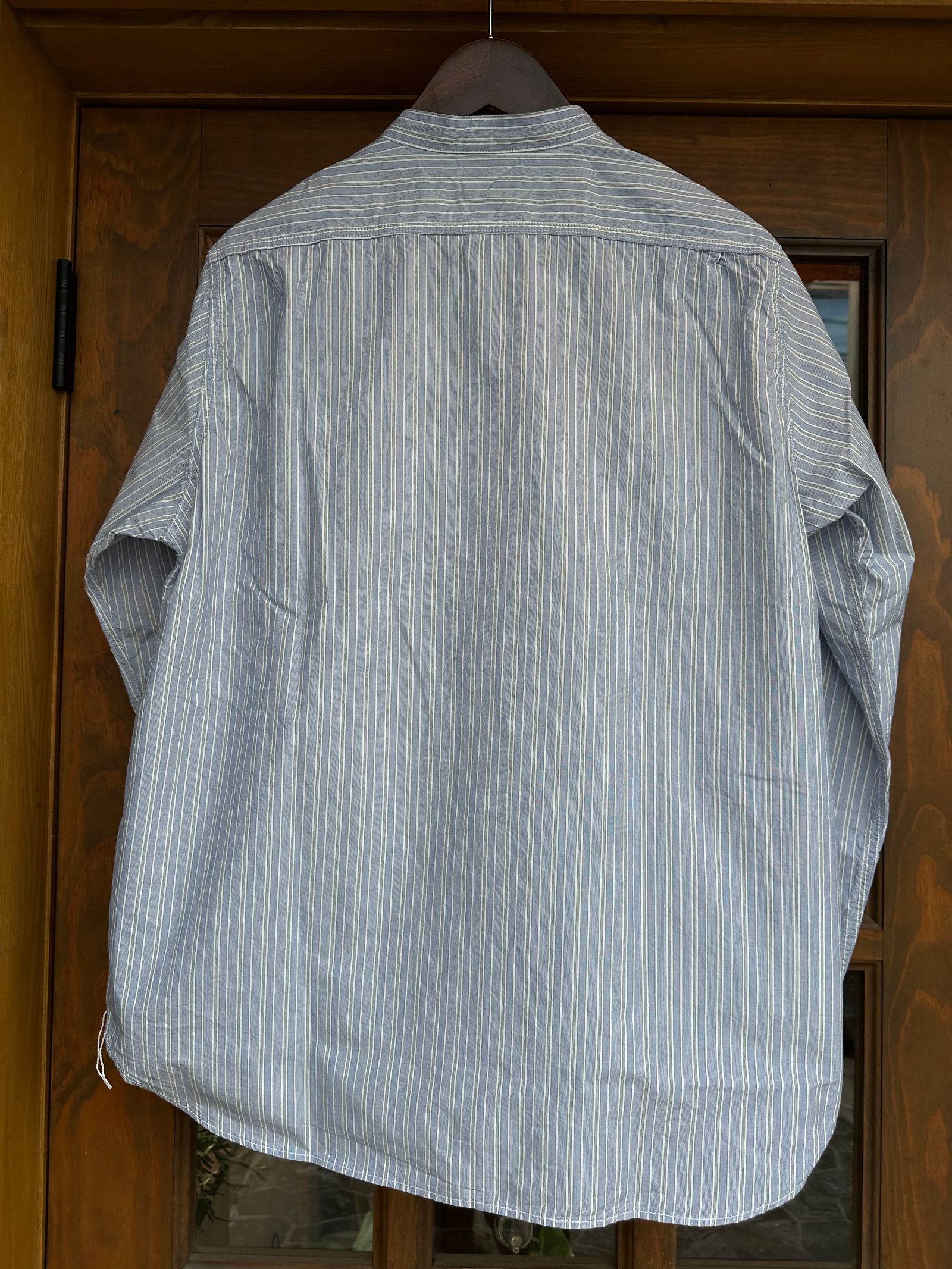 F3488 / STRIPE BAND COLLAR SHIRT / ストライプ バンドカラーシャツ / サックス