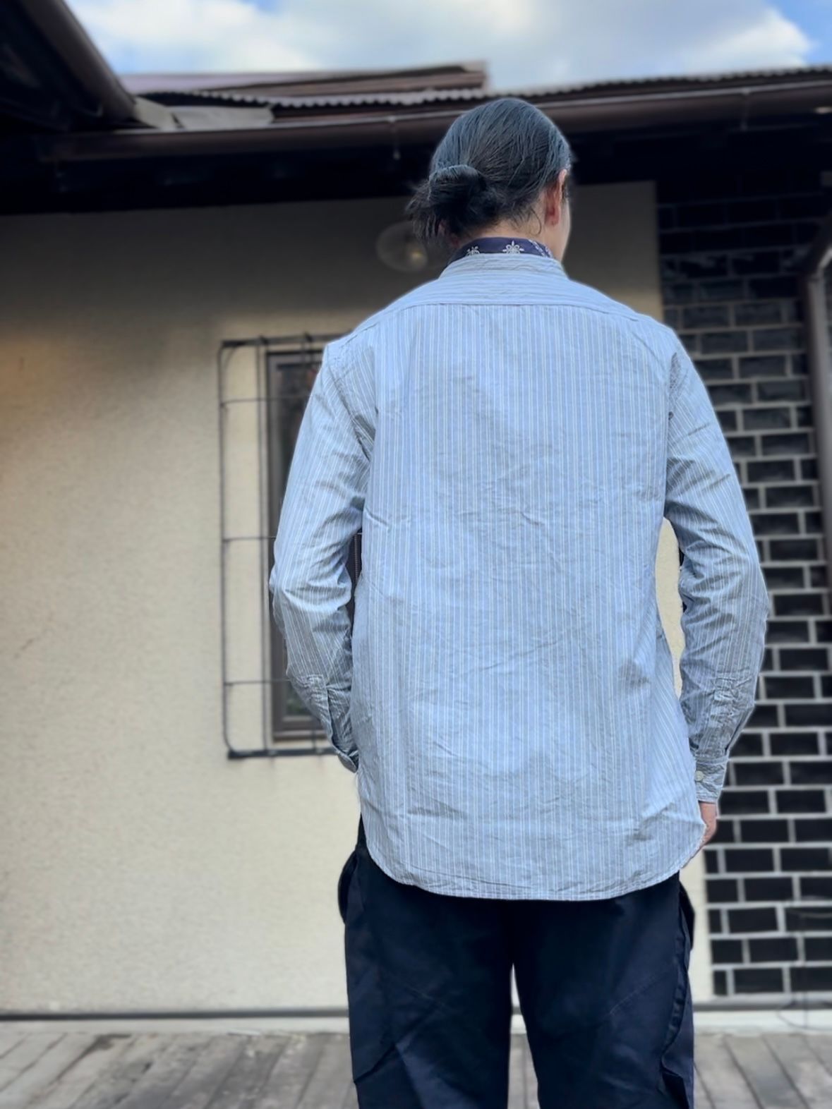 F3488 / STRIPE BAND COLLAR SHIRT / ストライプ バンドカラーシャツ / サックス
