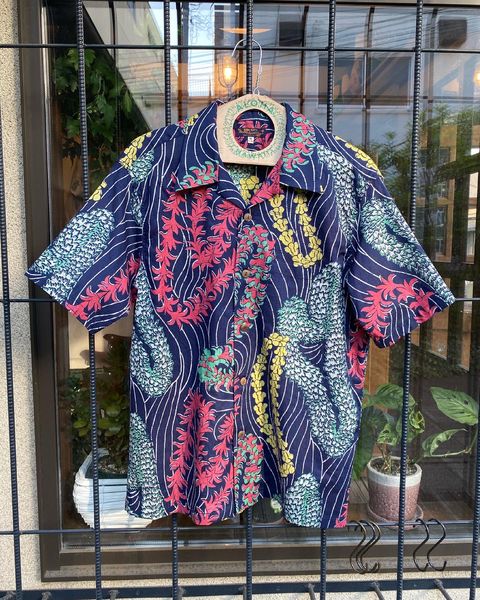 LEI HAWAIIAN STYLE / コットンリネン / 半袖 / アロハシャツ / ハワイアン / ボーダー / ジョン・メイグス / ネイビー(128) / SS38688