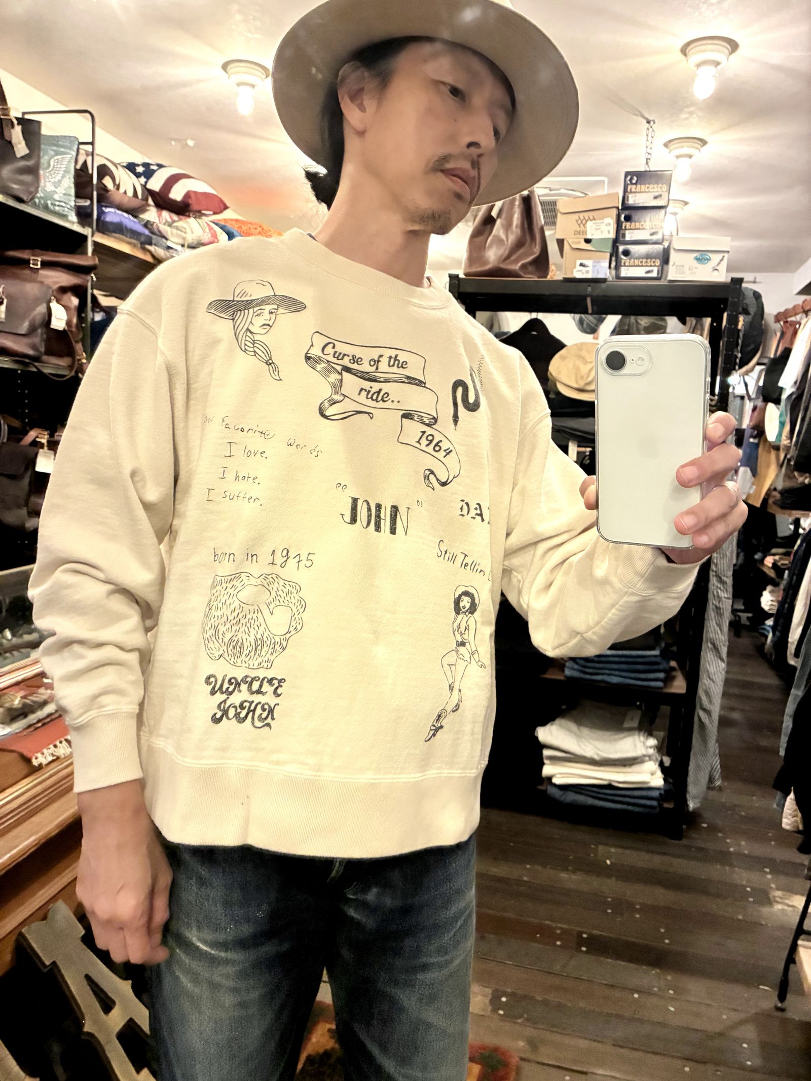 ビッグジョン / ハンドレタリングプリント クルーネックスウェットシャツ/ ナチュラル / MTE013[Hand- paint style] CREWNECK SWEATSHIRT