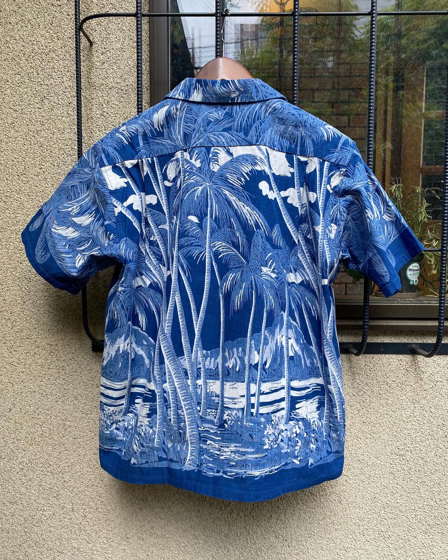 INDIGO COTTON HAWAIIAN SHIRT “COCONUT PALM & DIAMONDHEAD / NAVY(128)