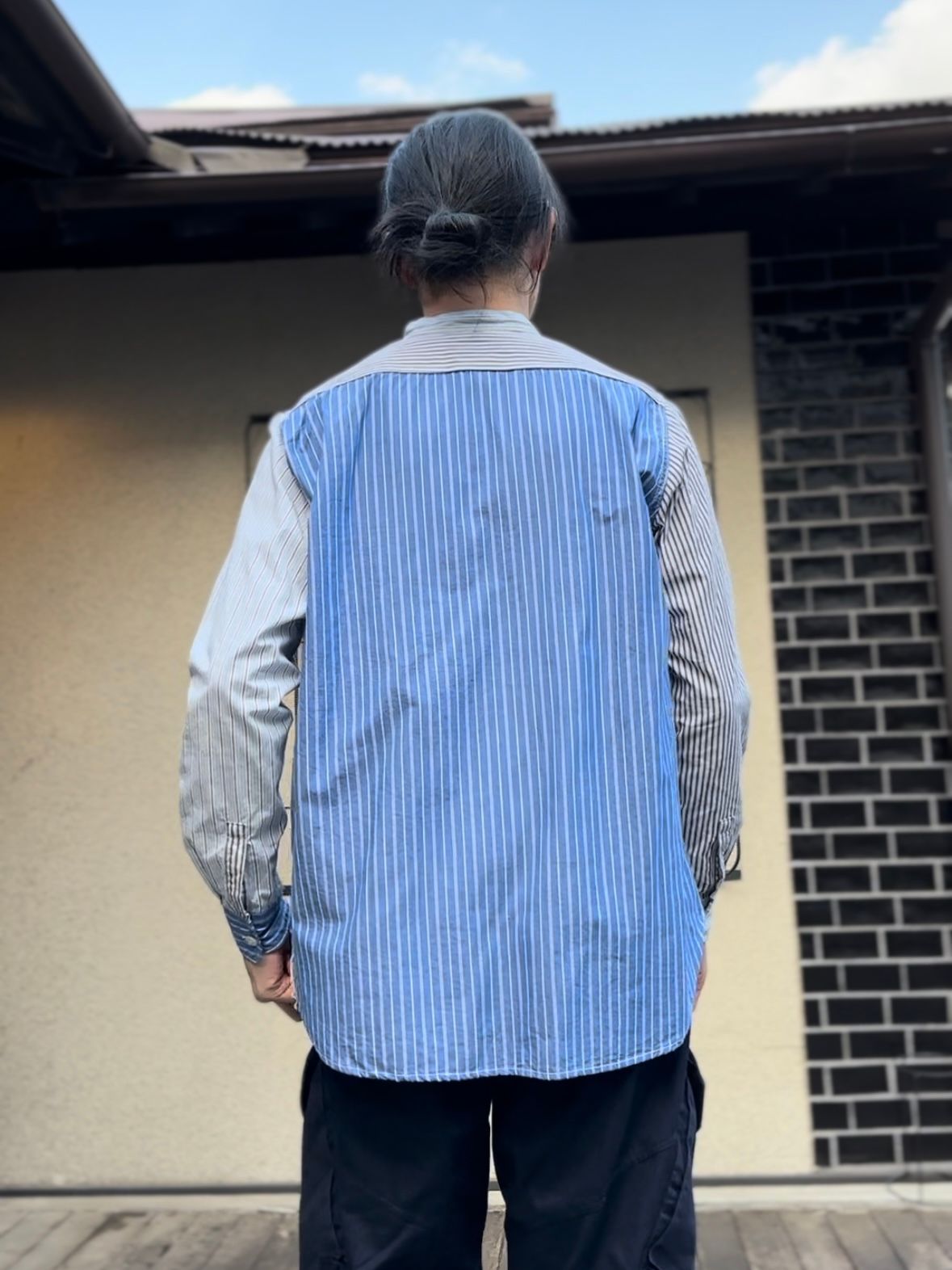 F3476 / CRAZY STRIPE BAND COLLAR SHIRT / クレイジーストライプ バンドカラーシャツ / BULE