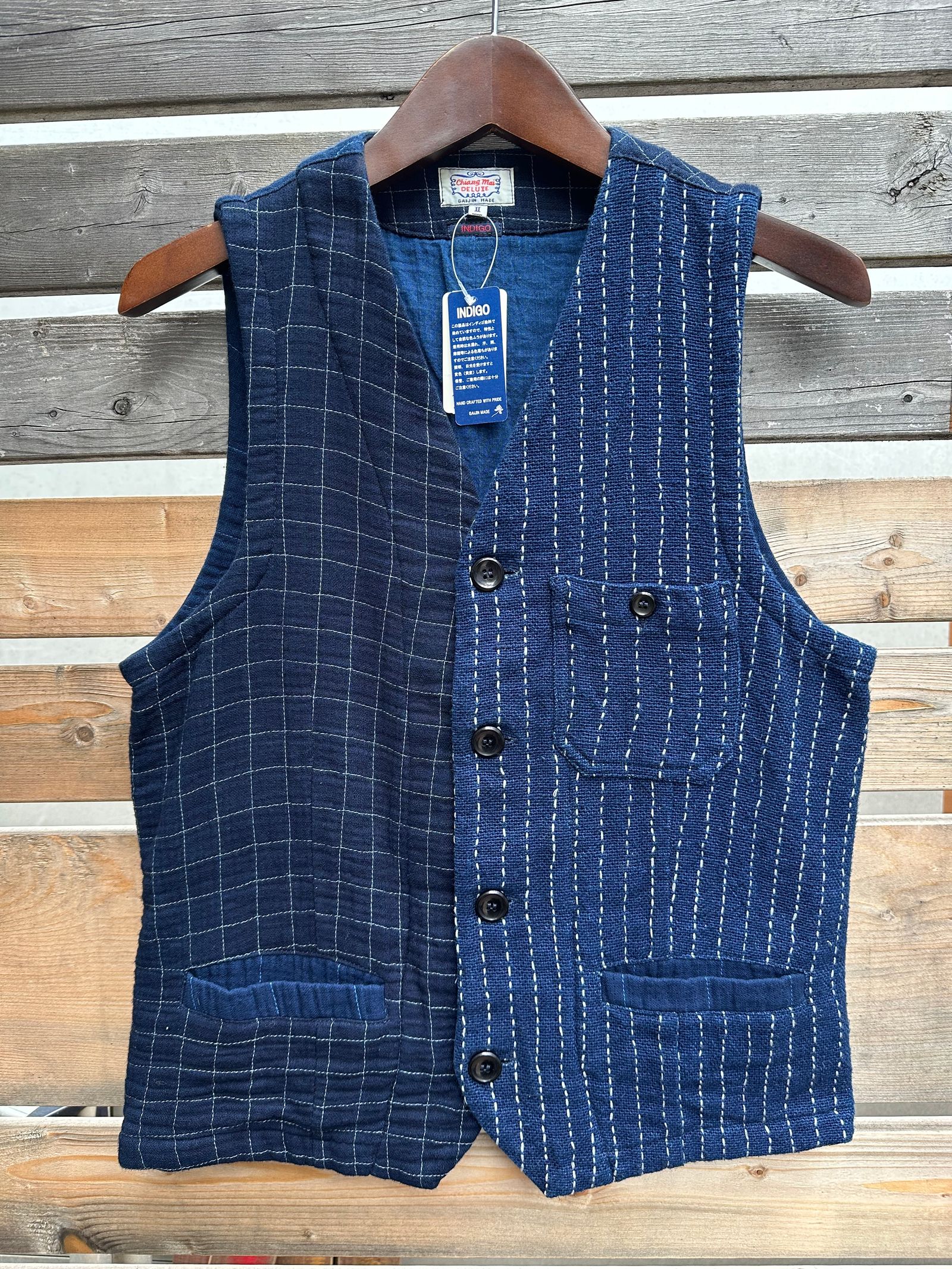 【LUCKY “福”SALE】INDIGO Wガーゼステッチワーク 3ピースセット(ジャケット×ベスト×パンツ)Mサイズ