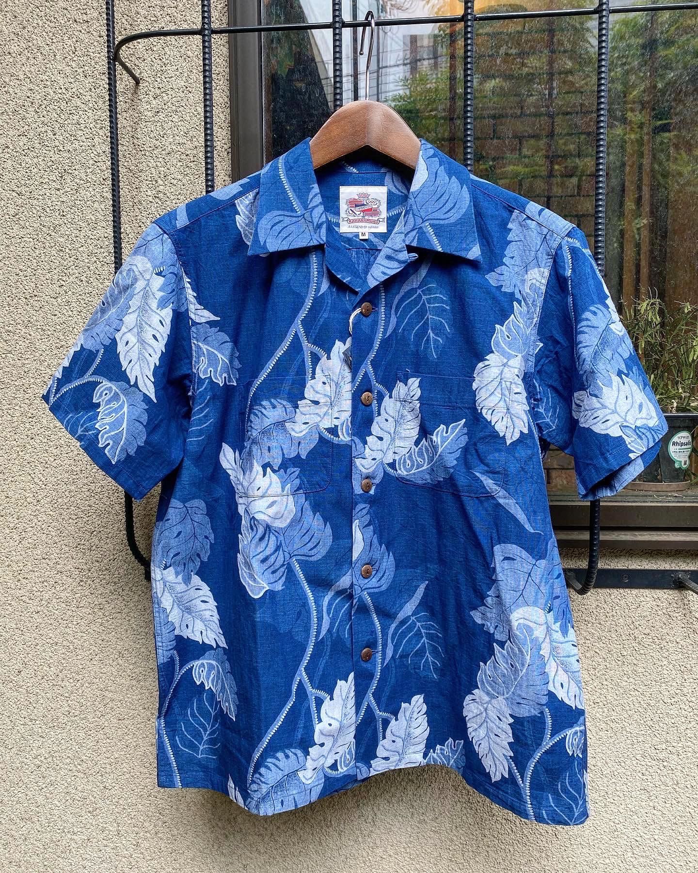 INDIGO COTTON HAWAIIAN SHIRT “MONSTERA” / NAVY (128)