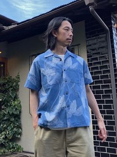 INDIGO COTTON HAWAIIAN SHIRT “MONSTERA” / BLUE(125)