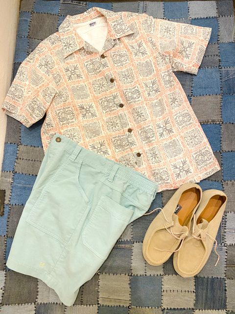 STYLE NO. 6「キルト柄のコットンアロハとサックスブルーのショーツを合わせた爽やかなアロハスタイル」